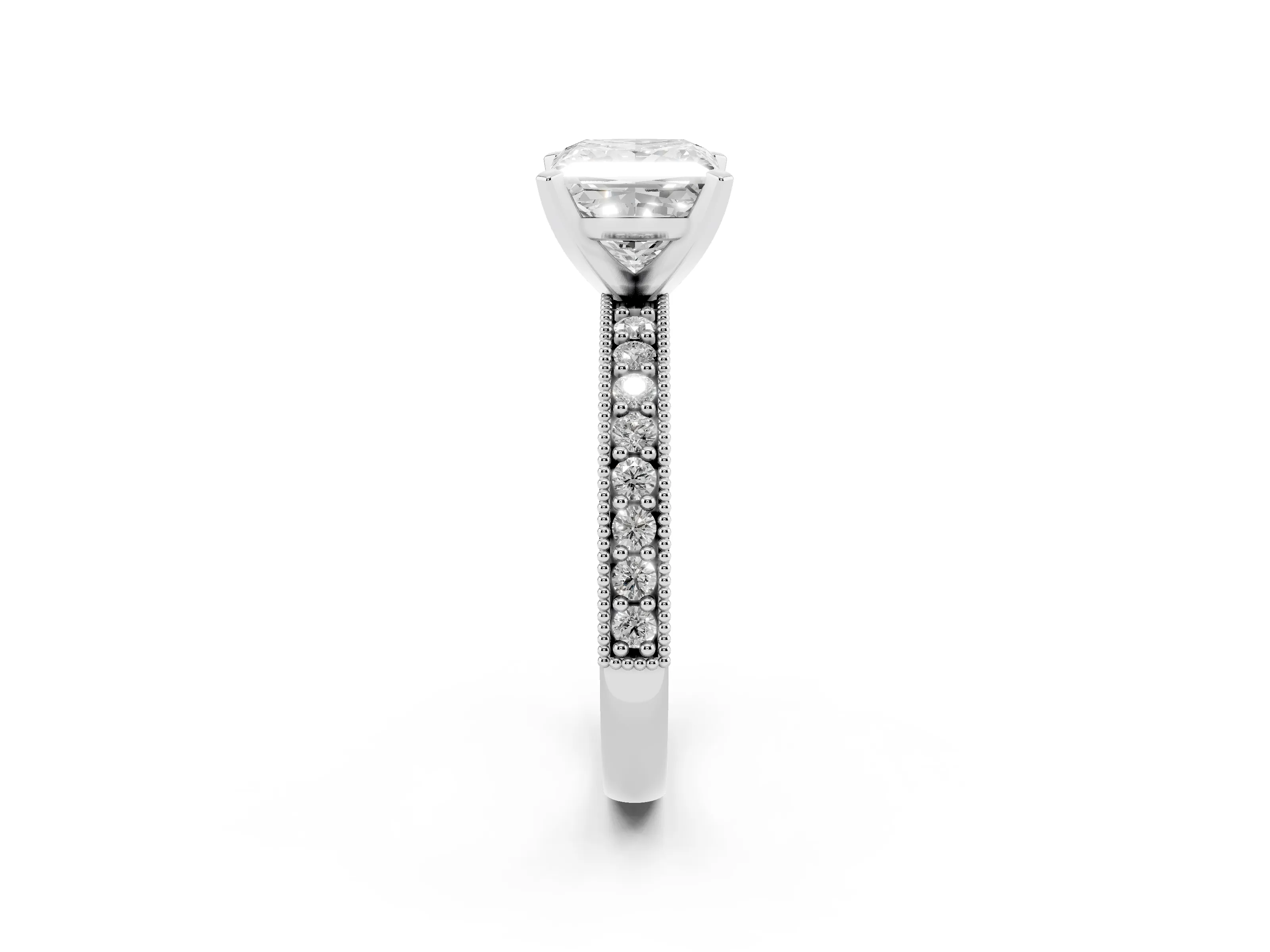 Princess Cut Diamond Milgrain Pavé Engagement Ring Set in Silver with Prong Setting