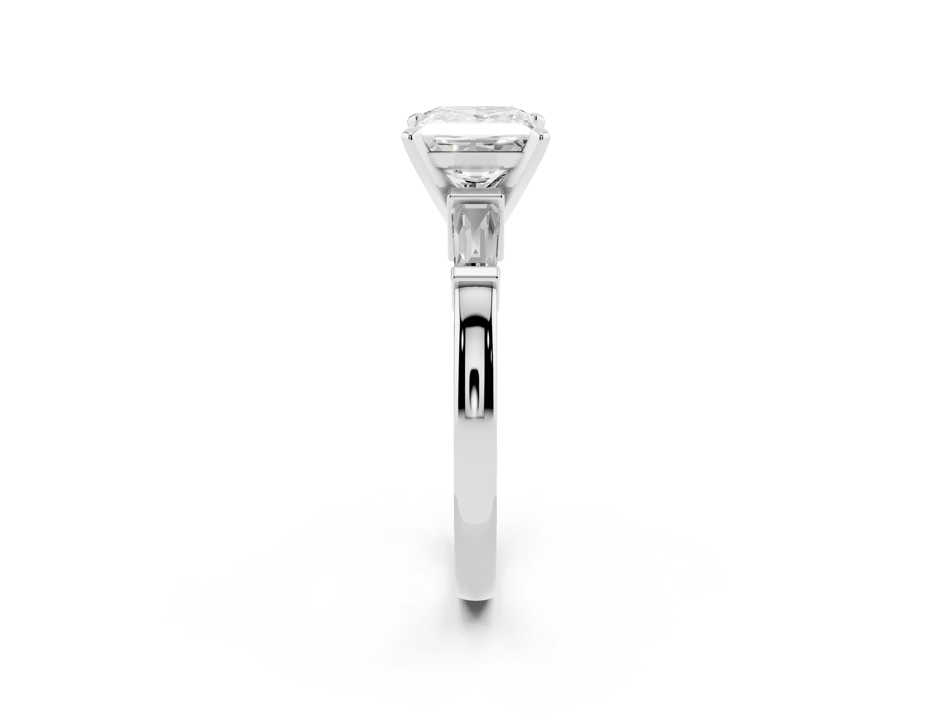 Princess Cut Diamond Solitaire Ring Set in Silver with Tapered Baguette Accents and Prong Setting