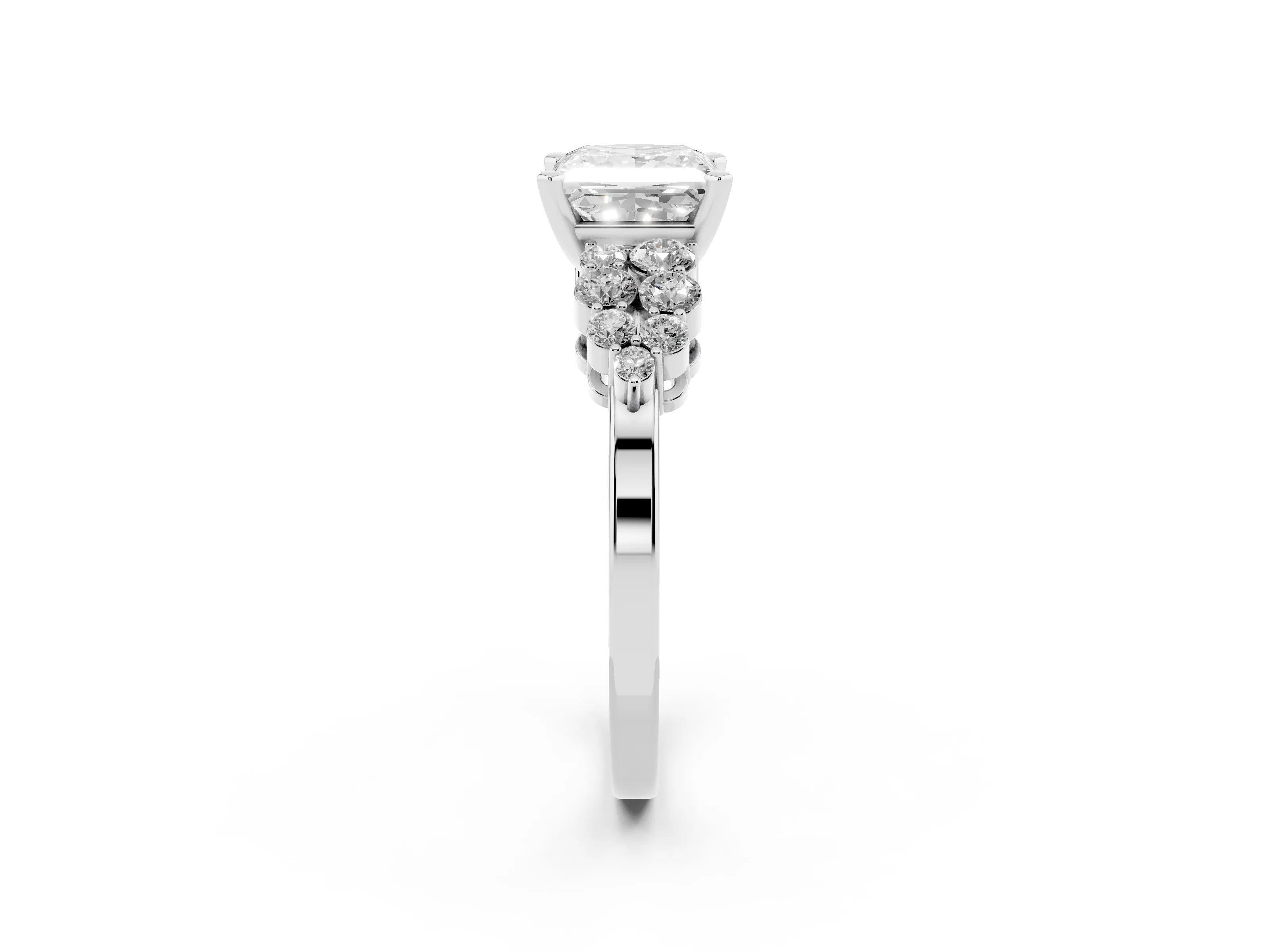 Princess Cut Diamond Cluster Engagement Ring Set in Silver with Pavé Band and Prong Setting