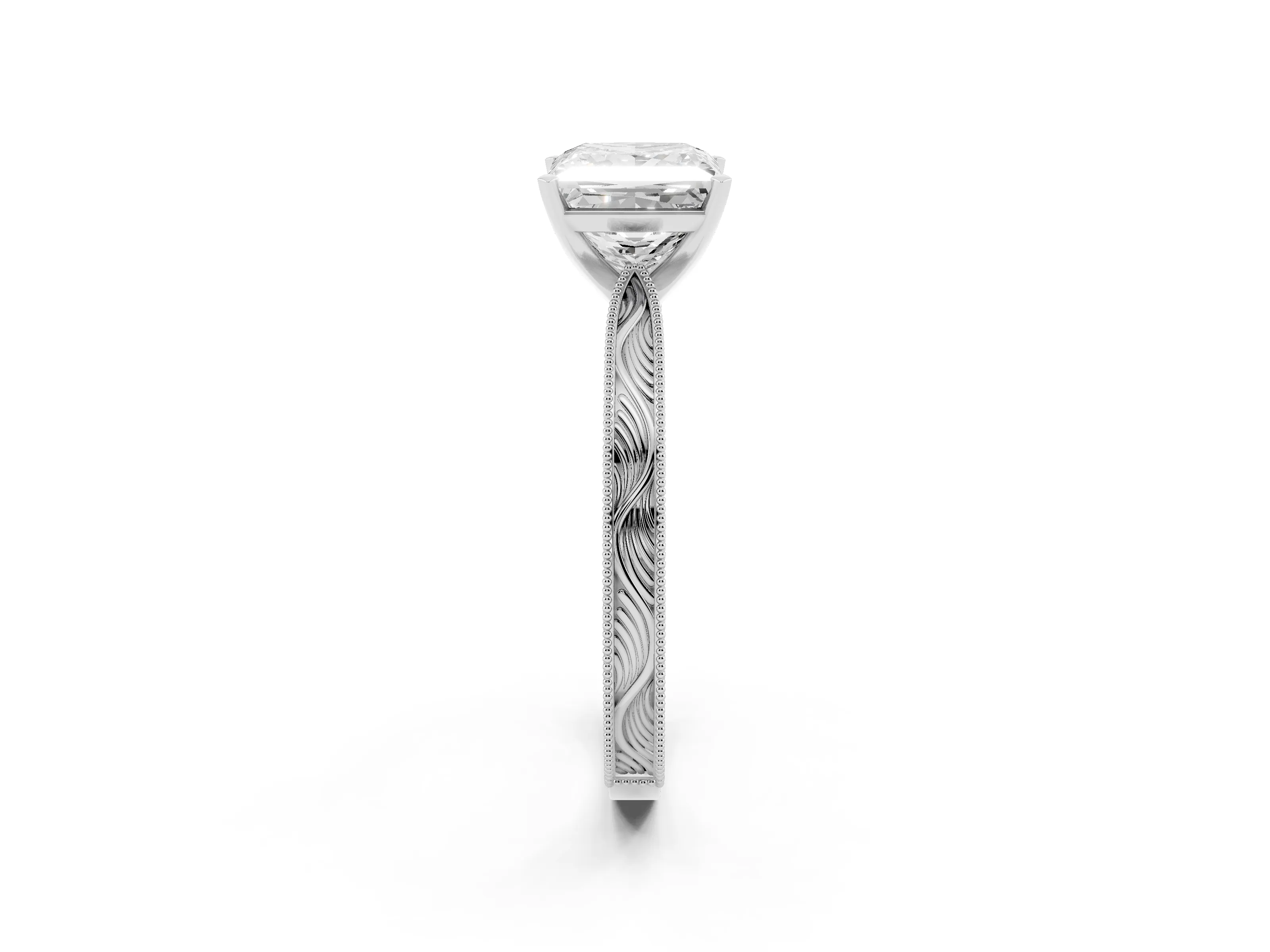 Princess Cut Diamond Solitaire Milgrain Engraved Band Set in Platinum with Prong Setting