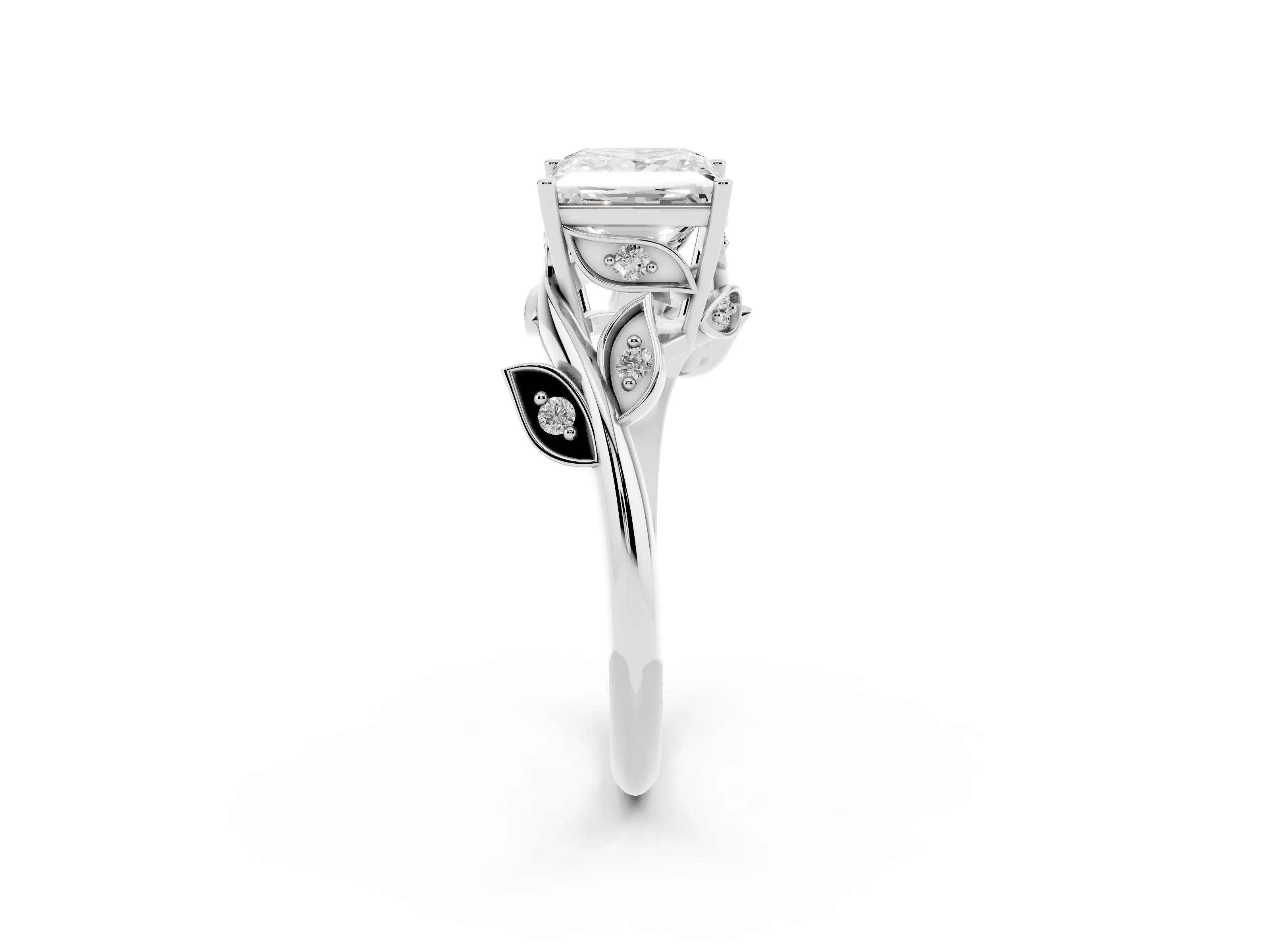 Princess Cut Diamond Solitaire Twist Engagement Ring Set in Silver with Pavé Leaf Accents
