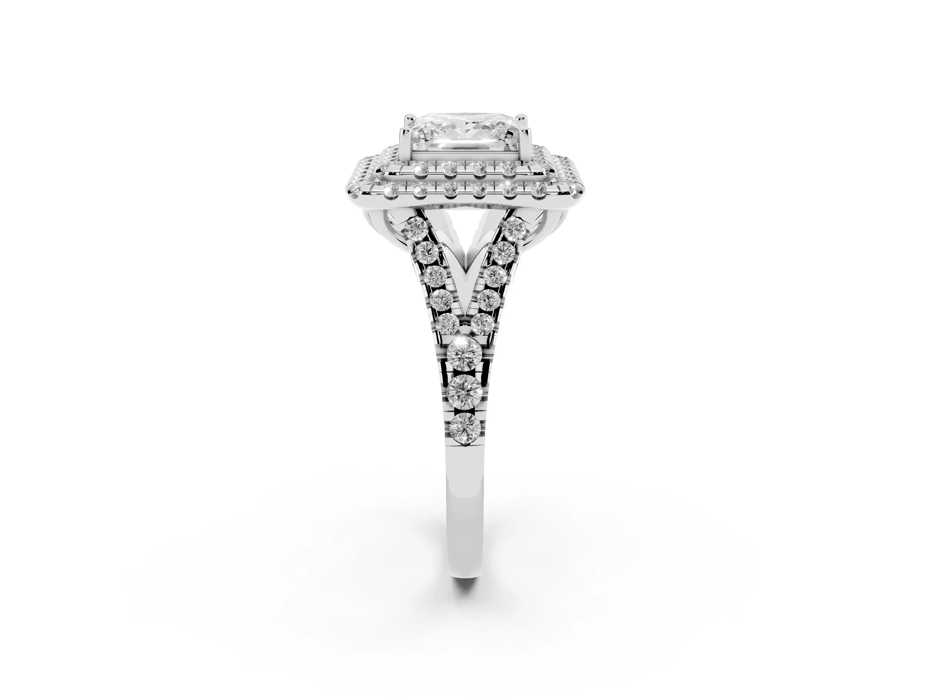 Princess Cut Diamond Double Halo Ring Set in Silver with Pavé Split Shank and Prong Setting