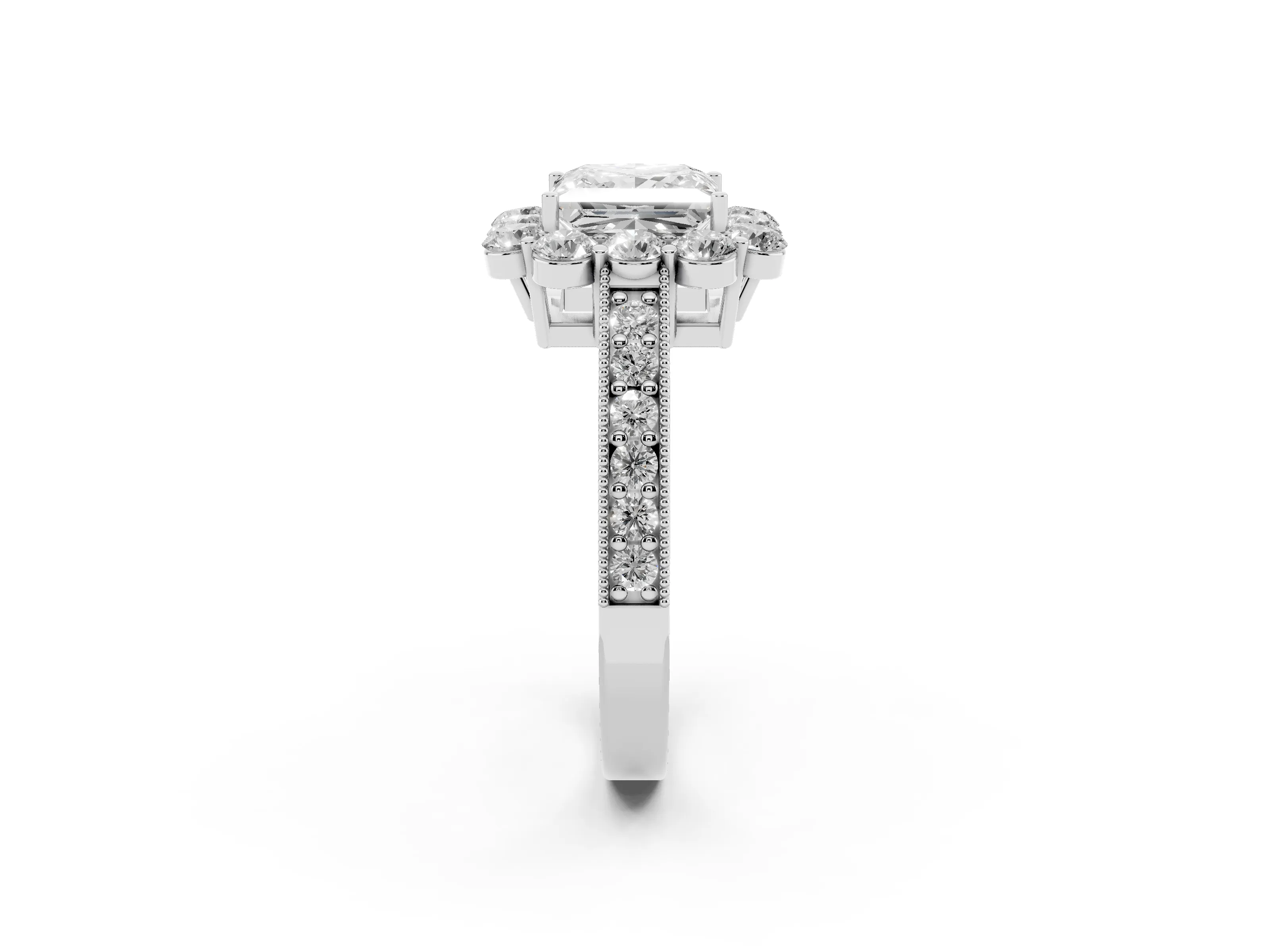 Princess Cut Diamond Halo Pavé Engagement Ring Set in White gold with Milgrain Detailing
