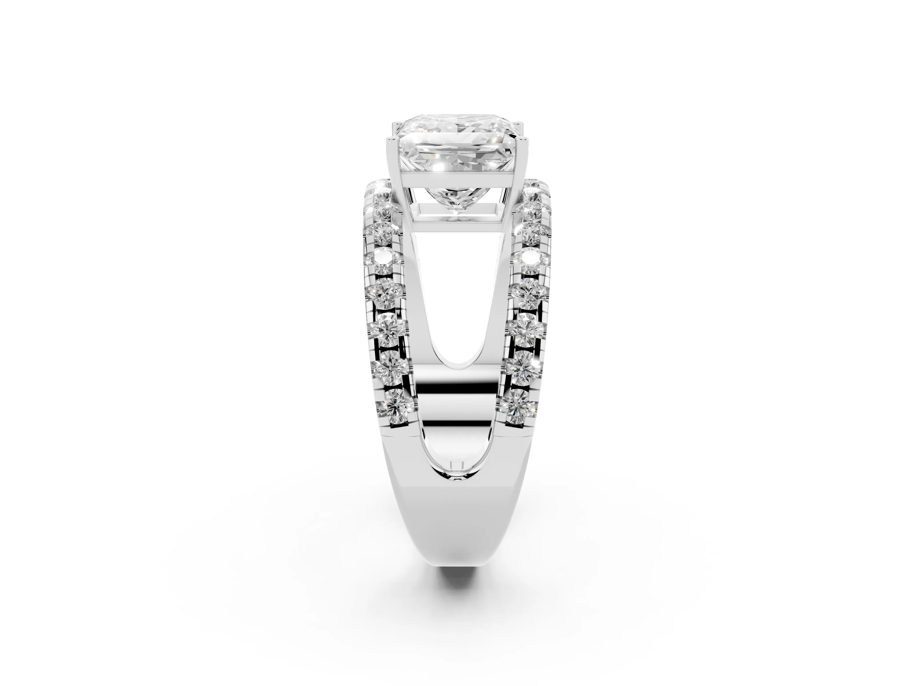 Princess Cut Diamond Split Shank Pavé Solitaire Ring Set in White gold with Open Shank Design