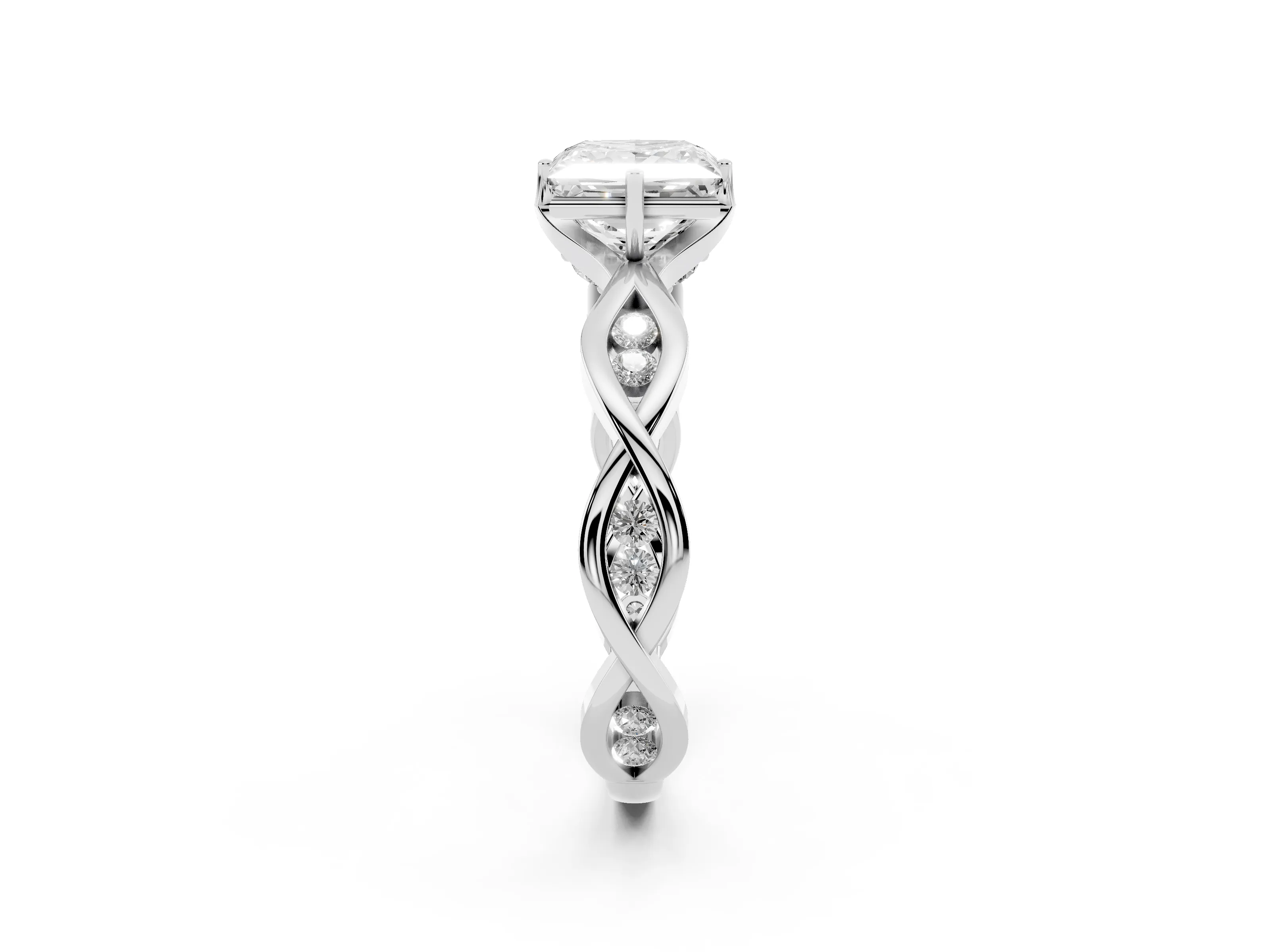 Princess Cut Diamond Twist Band Solitaire Ring Set in Platinum with Leaf Prong Setting and Accent Stones