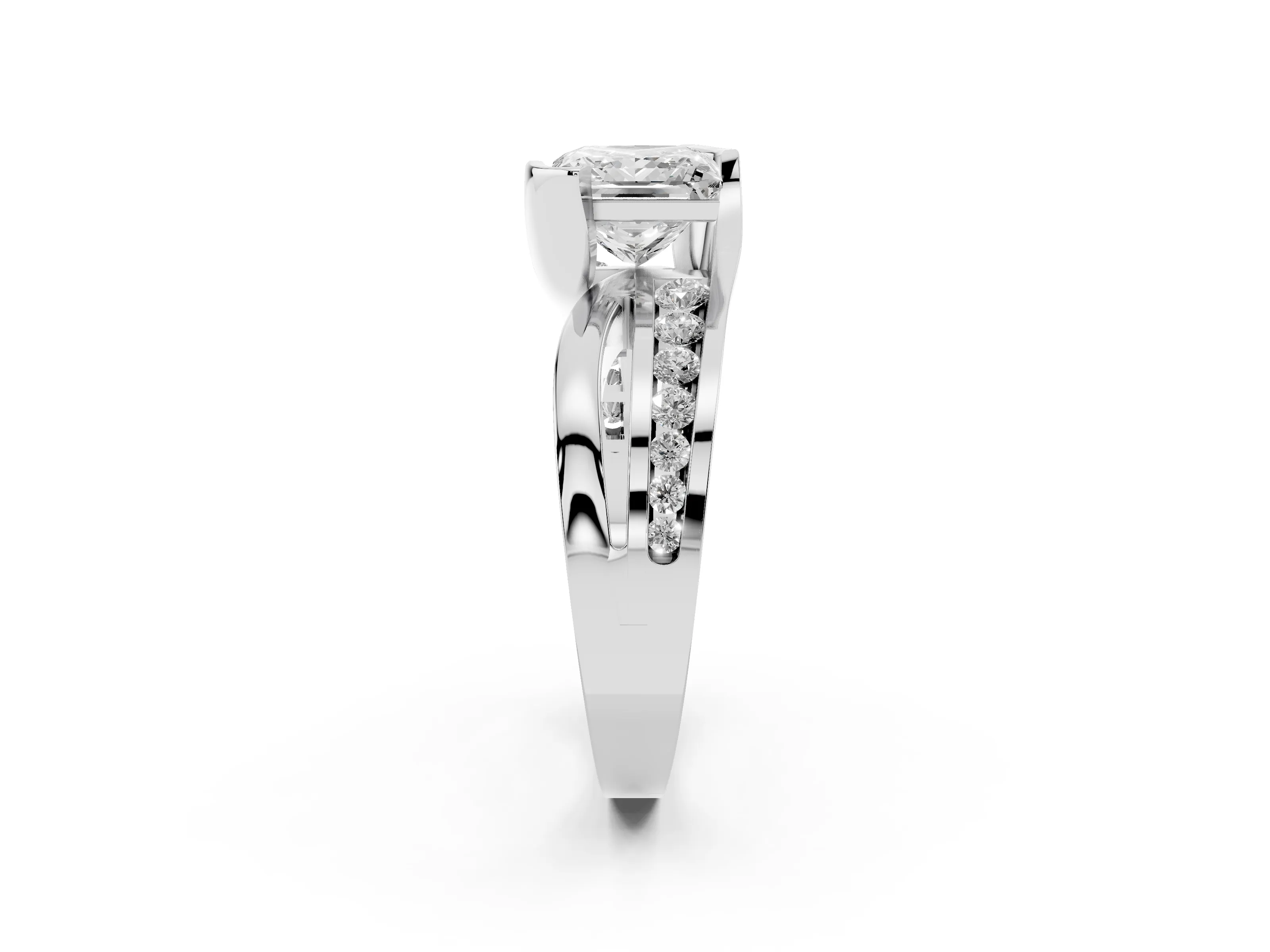 Princess Cut Diamond Solitaire Ring Set in Platinum with Channel Set Split Shank and Tension Prongs