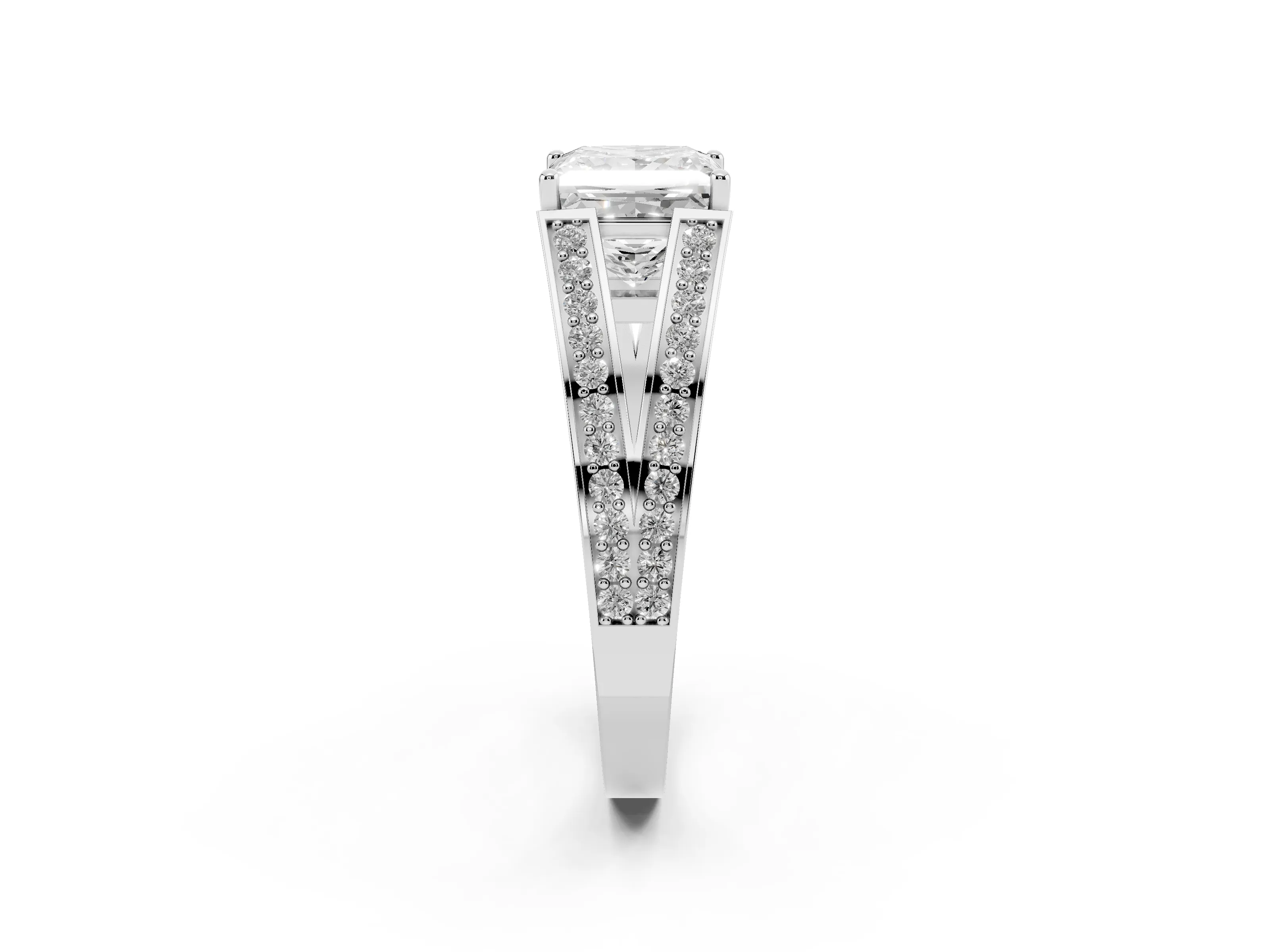 Princess Cut Diamond Split Shank Ring Set in Platinum with Pavé Band and Prong Setting
