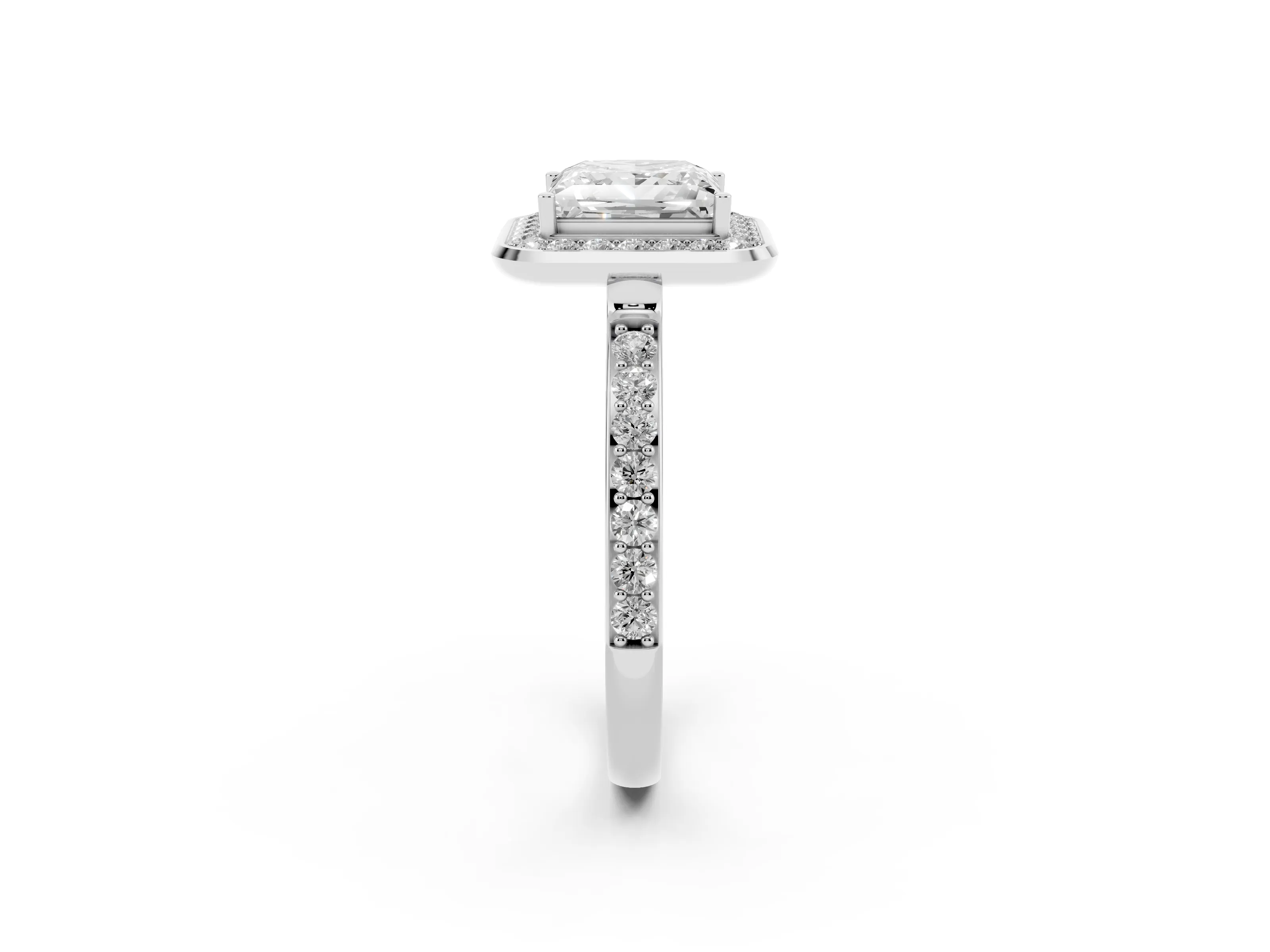 Princess Cut Diamond Halo Ring Set in Platinum with Bezel Frame and Pavé Band