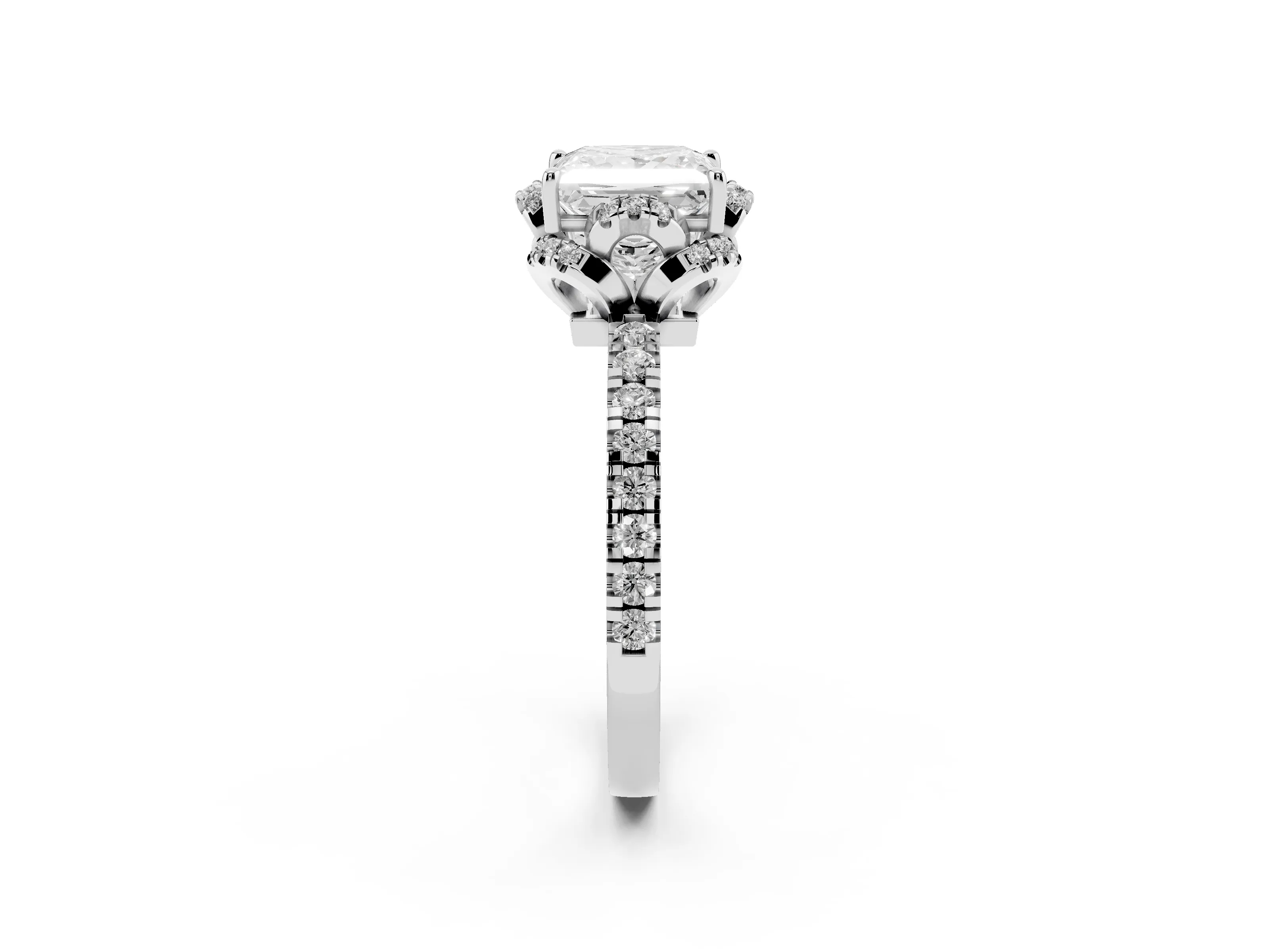 Princess Cut Diamond Halo Pavé Band Ring Set in Silver with Prong-Held Center