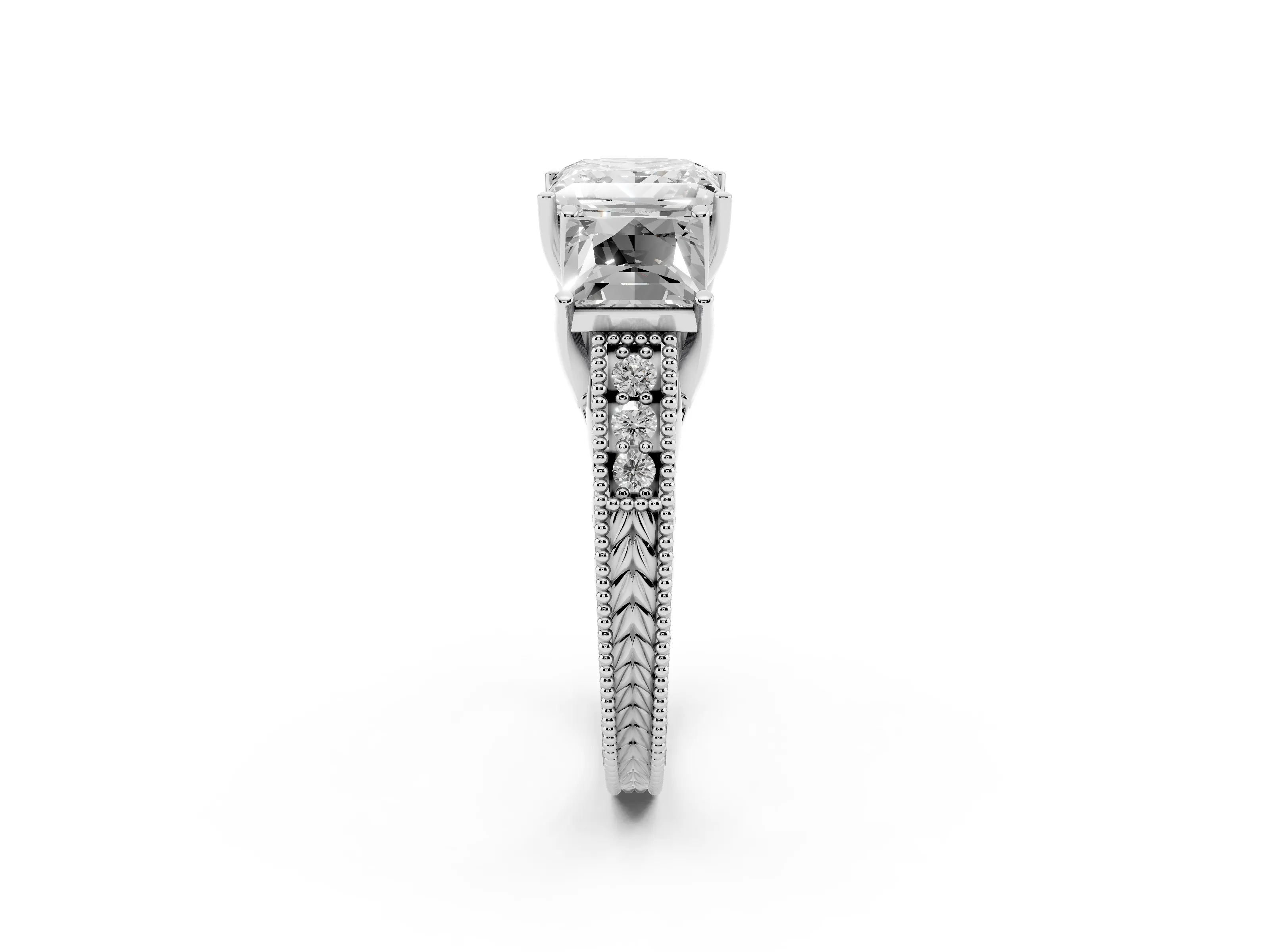 Princess Cut Diamond Three-Stone Engagement Ring Set in Platinum with Milgrain Pavé Band