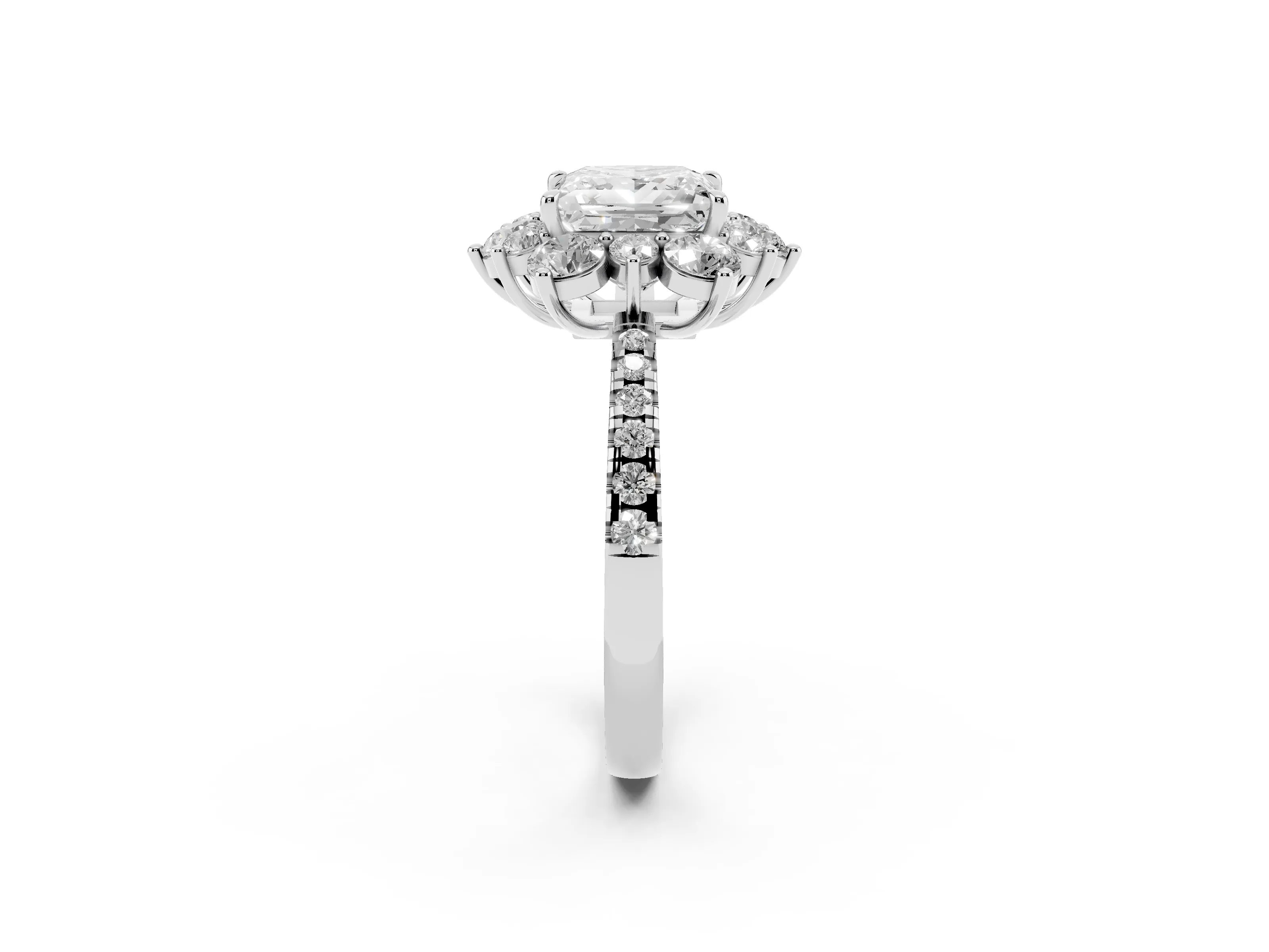 Princess Cut Diamond Floral Halo Ring Set in White gold with Round Pavé Band and Prong Setting