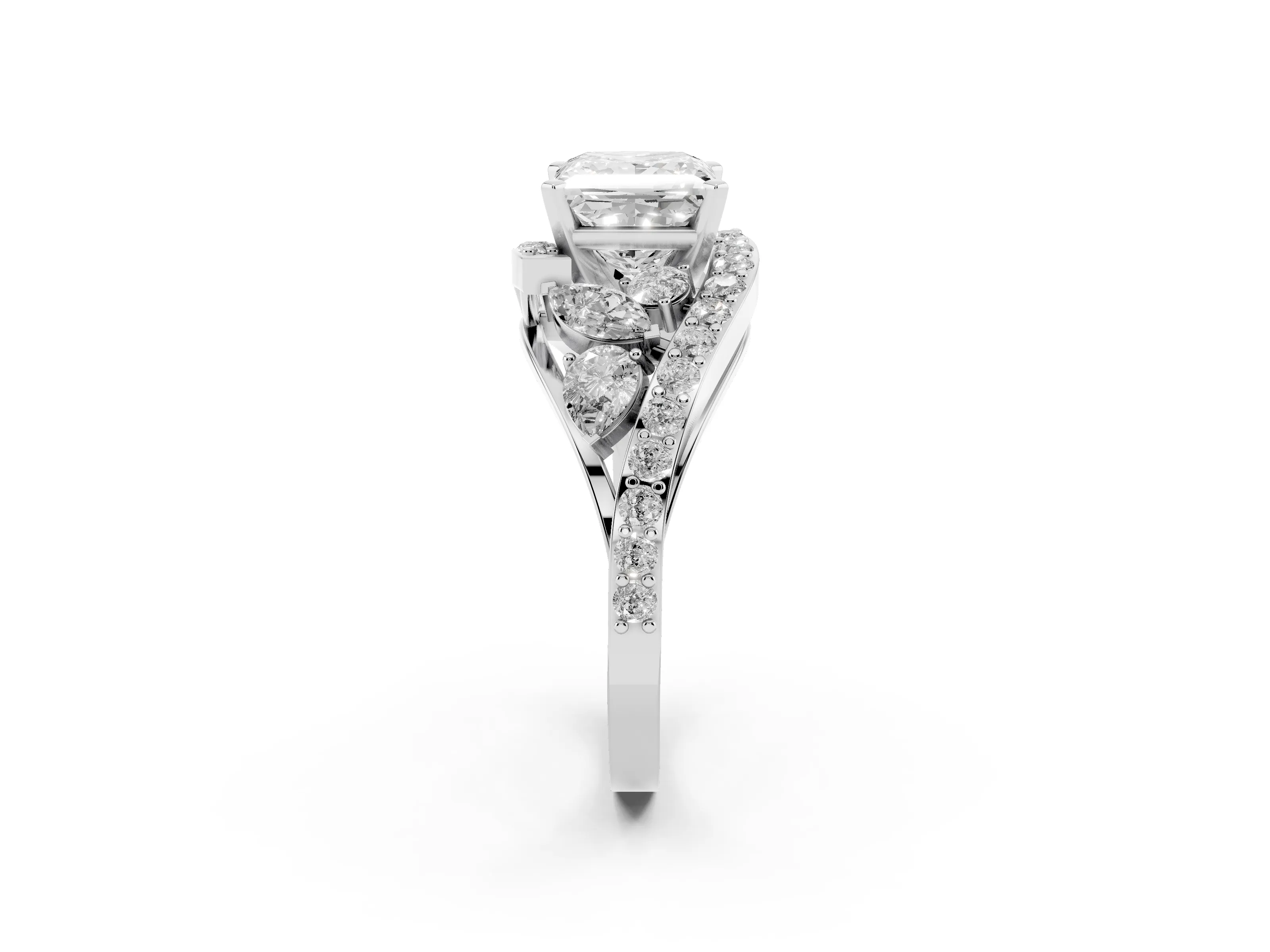Princess Cut Diamond Halo Ring Set in Platinum with Marquise and Pavé Band in Prong Setting