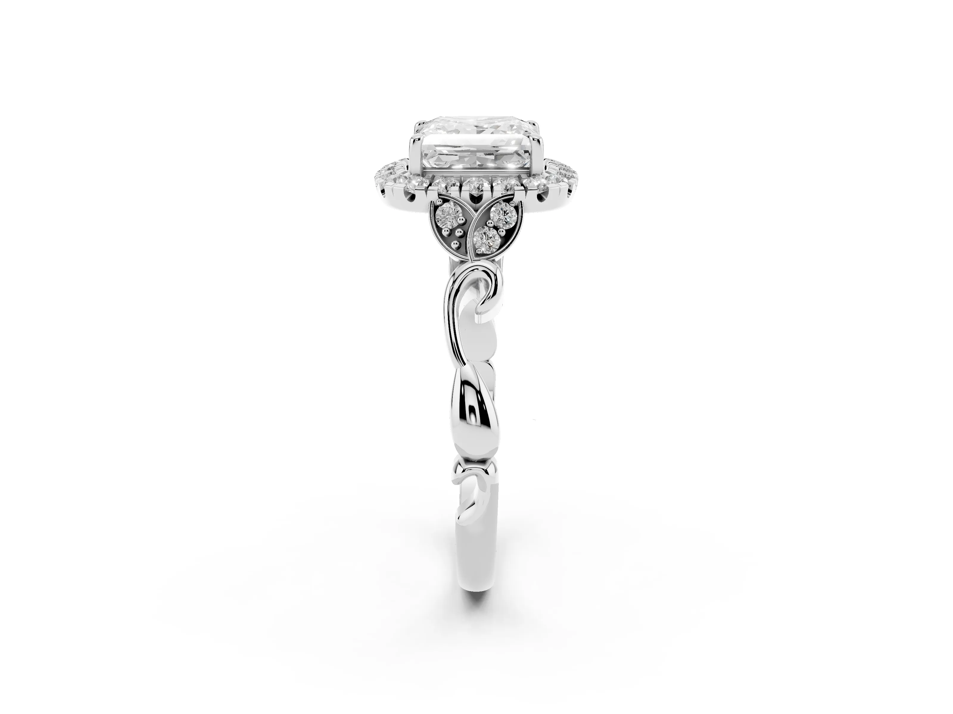 Princess Cut Diamond Halo Engagement Ring Set in Platinum with Vintage-Inspired Band and Prong Setting