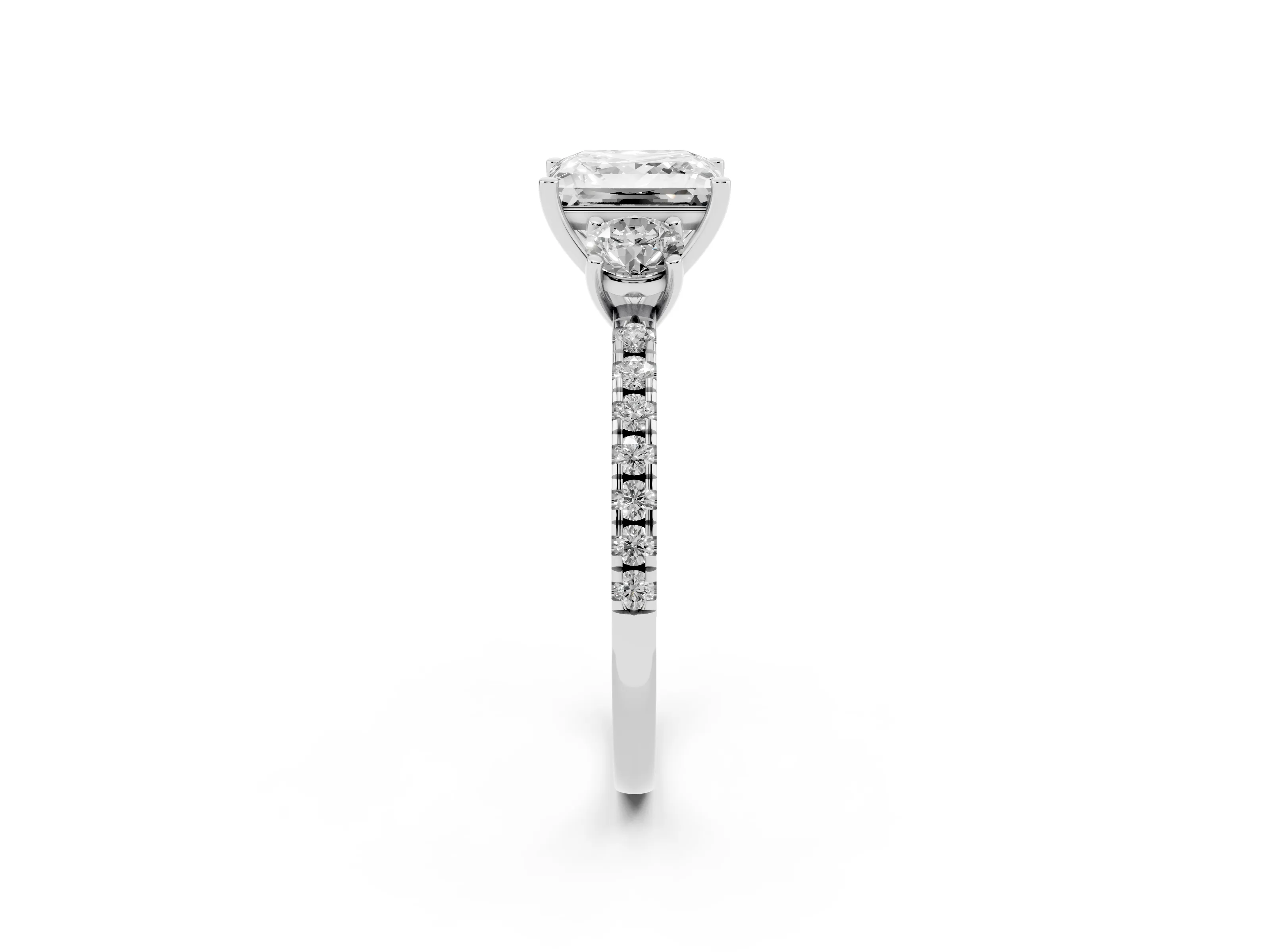 Princess Cut Diamond Three-Stone Ring Set in Silver with Pavé Band and Graduated Sides