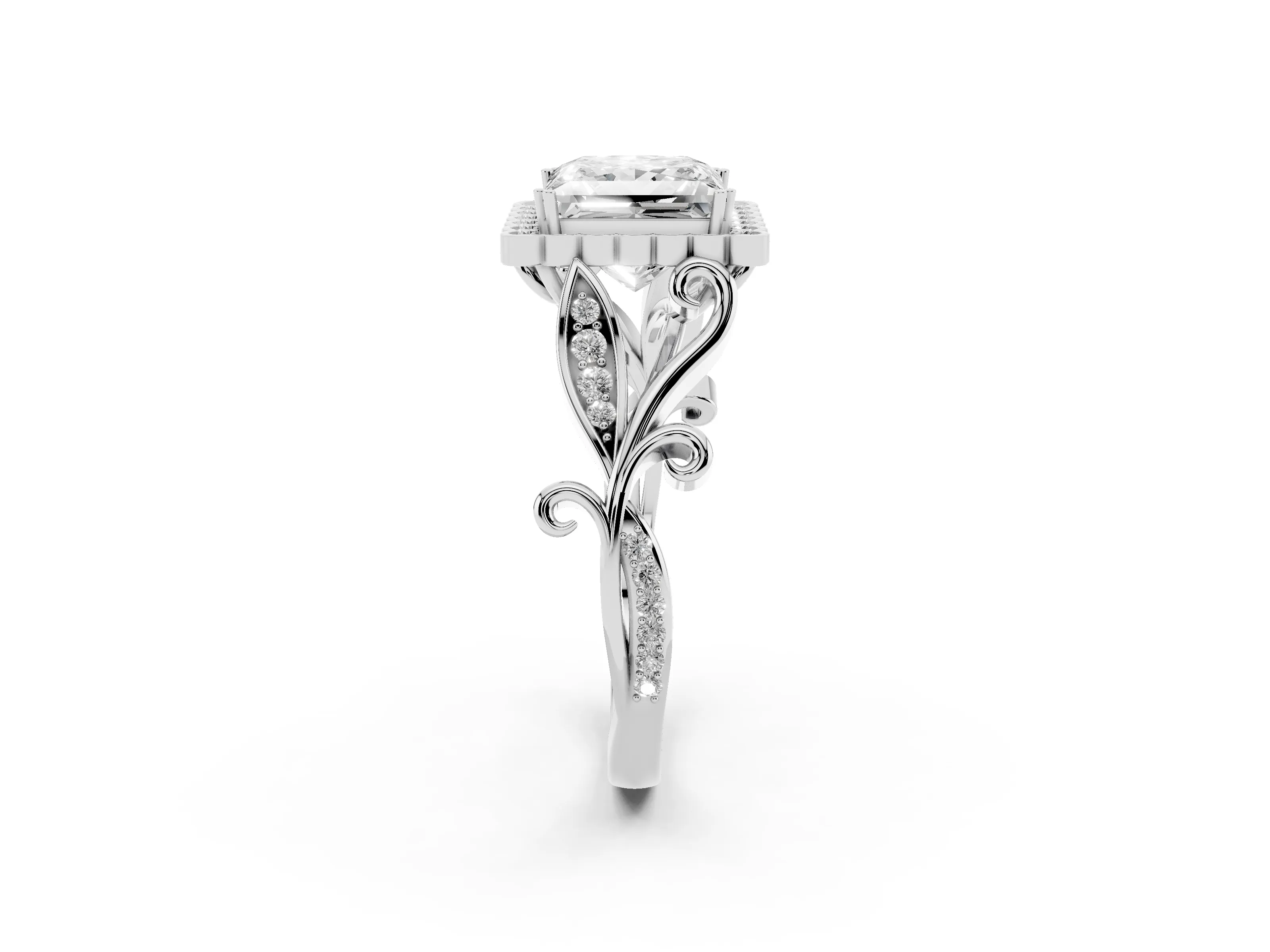 Princess Cut Diamond Halo Ring Set in White gold with Leaf Motif Split Shank and Prong Setting