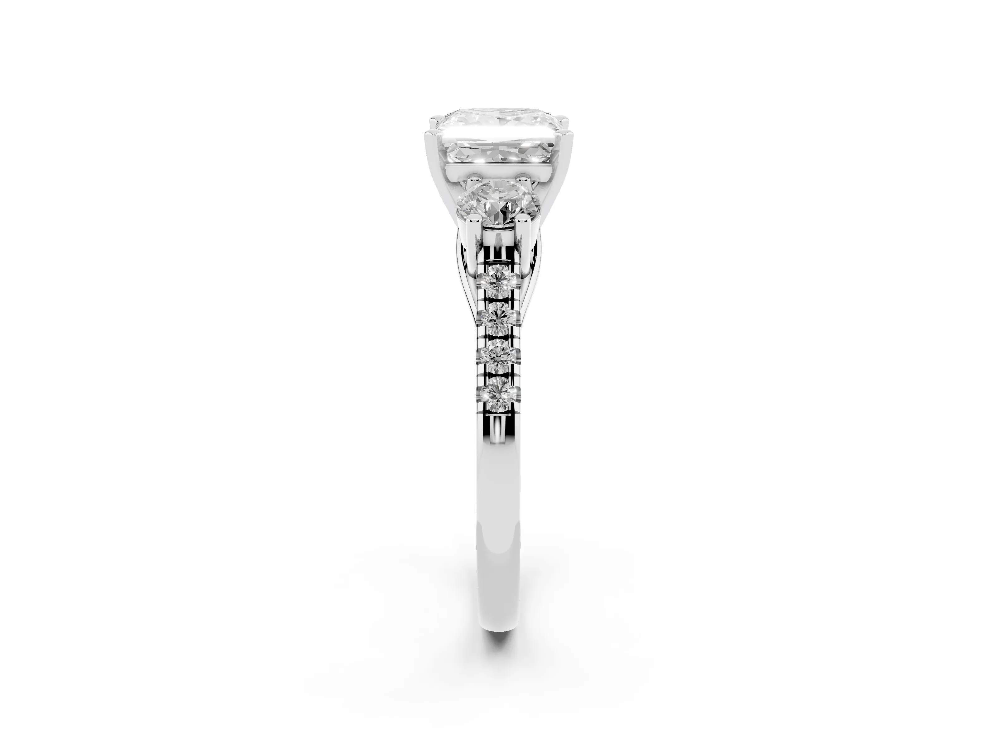 Three-Stone Princess Cut Diamond Pavé Band Ring Set in White gold with Prong-Set Trio