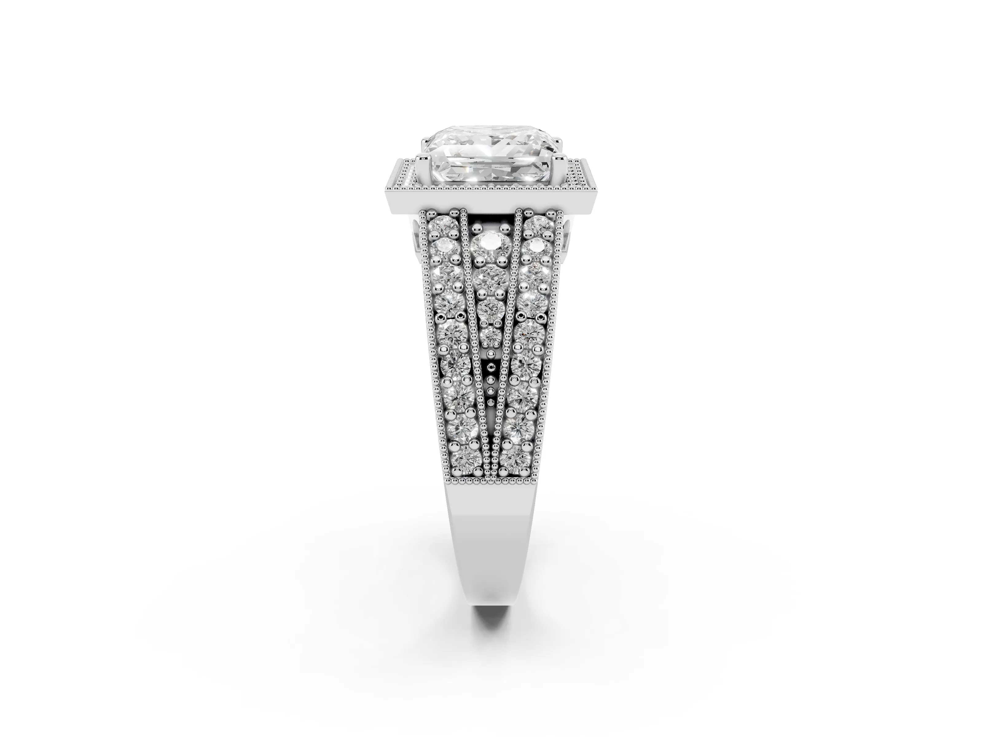Princess Cut Diamond Halo Ring Set in White gold with Accent Split Shank and Prong Setting