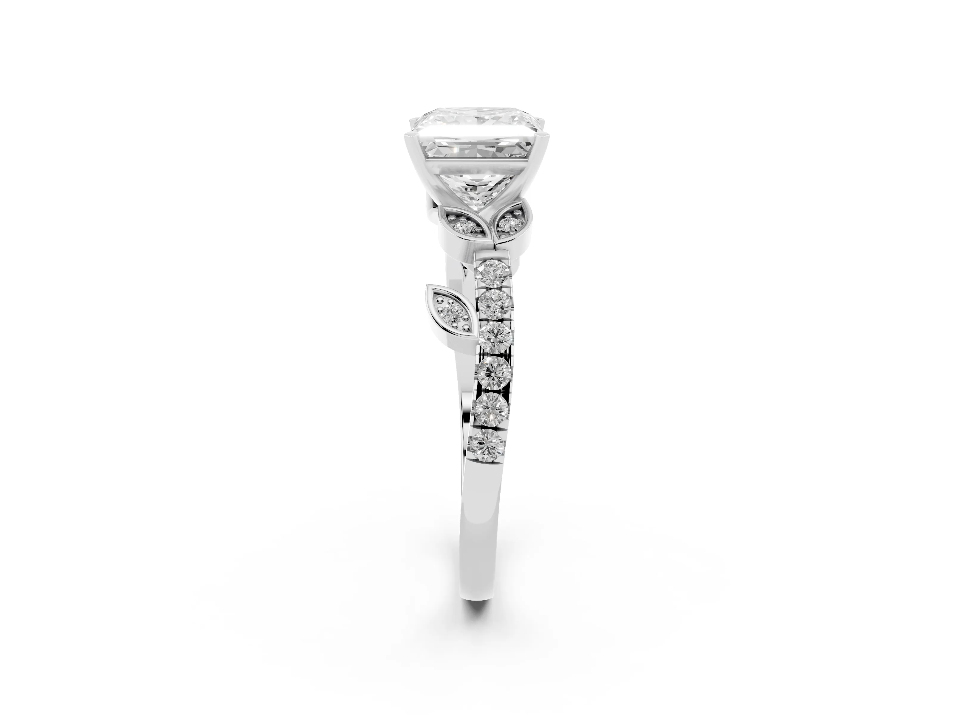 Princess Cut Diamond Solitaire Leaf-Inspired Ring Set in Platinum with Pavé Band and Prong Setting