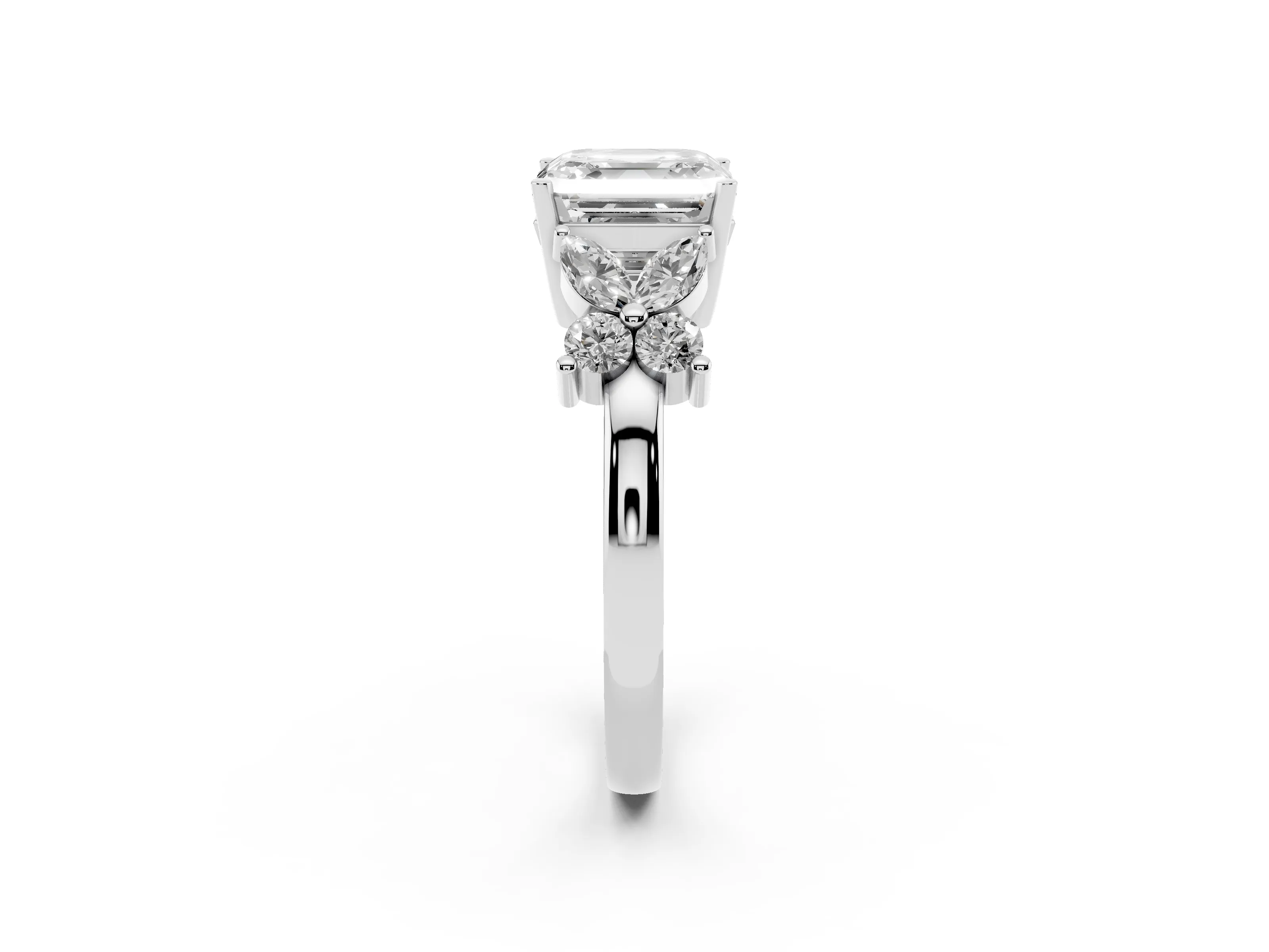 Princess Cut Diamond Floral Cluster Ring Set in Silver with Marquise Petals and Prong Setting