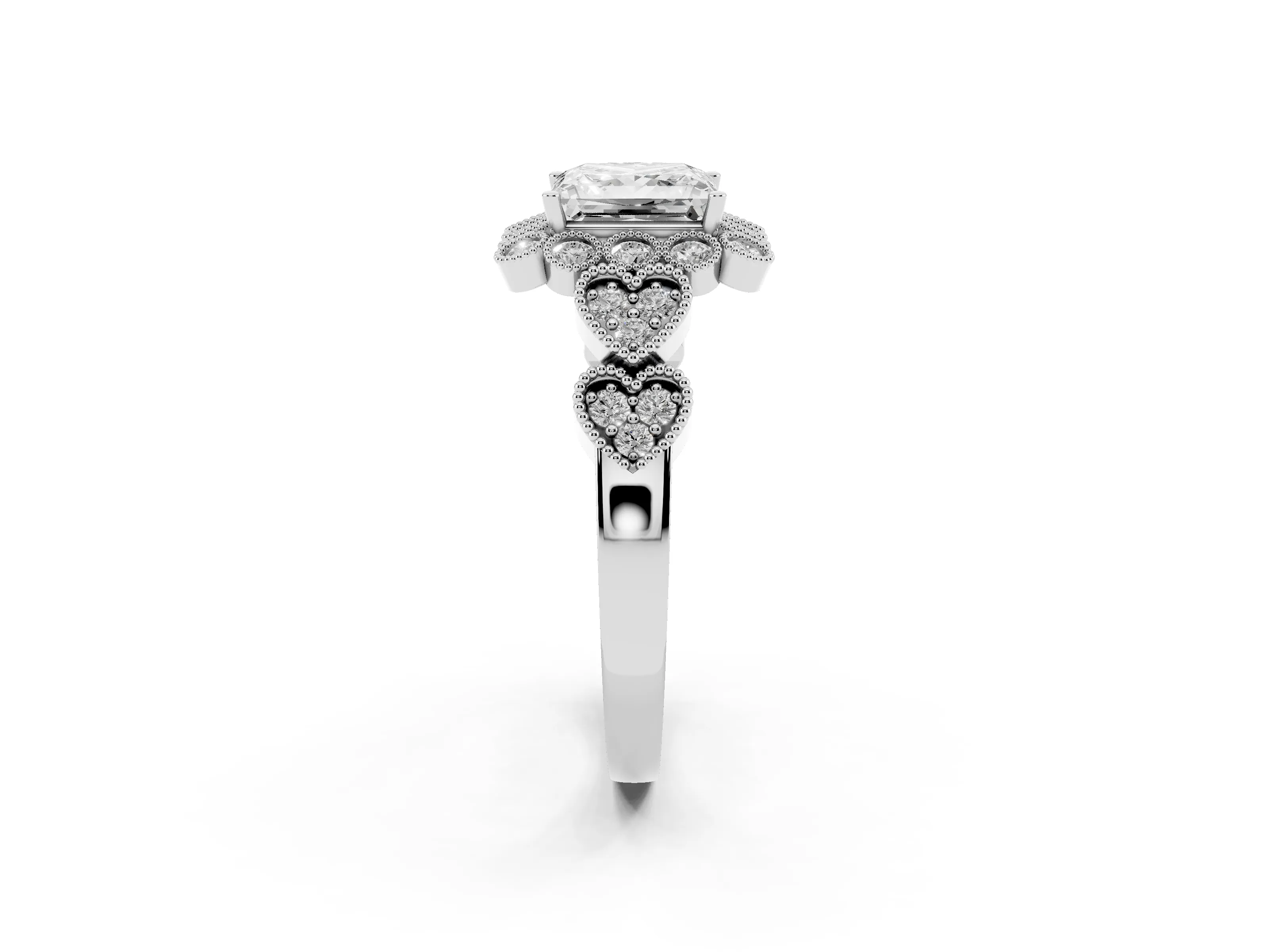 Princess Cut Diamond Solitaire Ring Set in White gold with Milgrain Pavé Heart Band