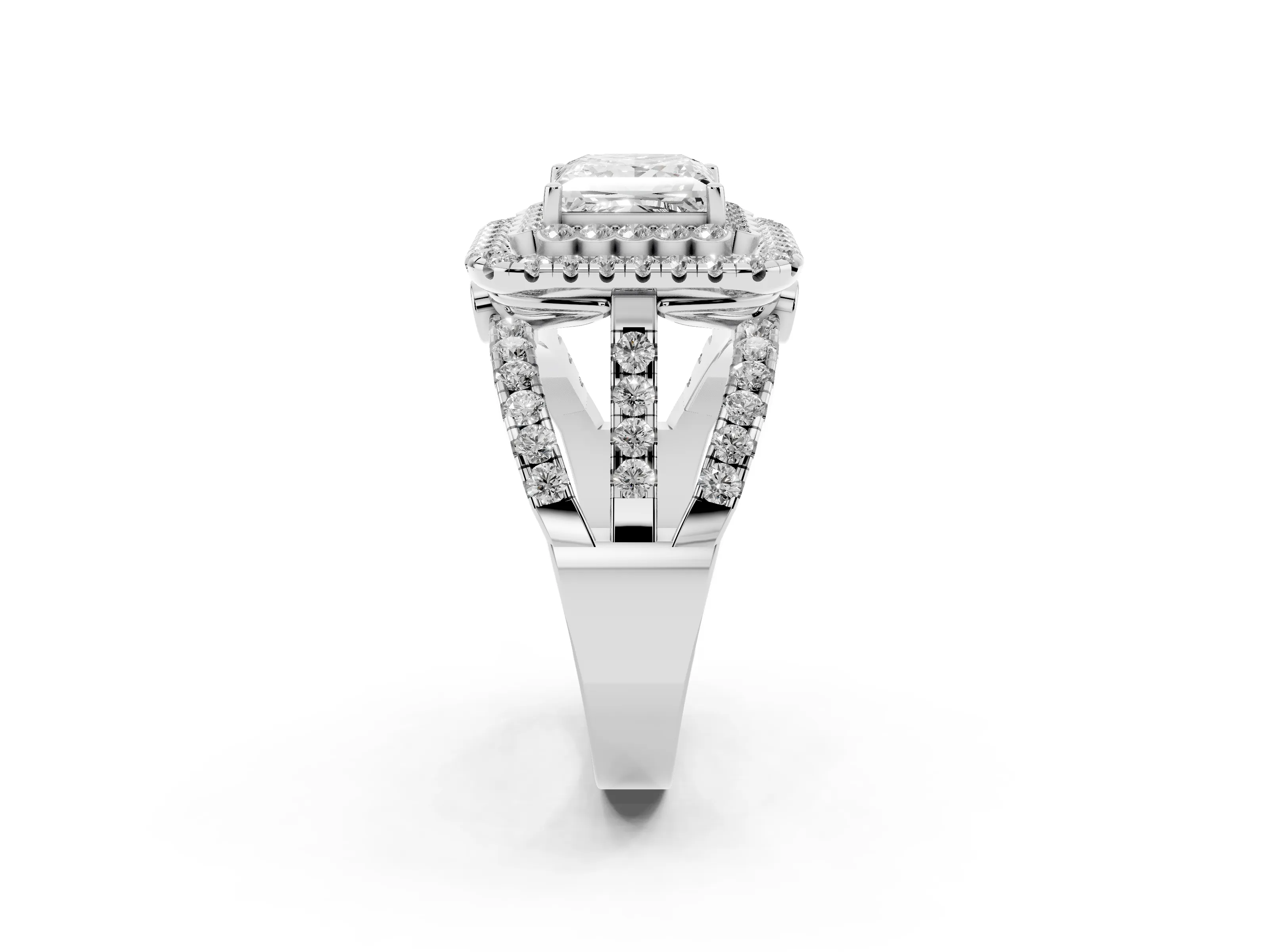 Princess Cut Diamond Double Halo Ring Set in White gold with Round Pavé Split Shank