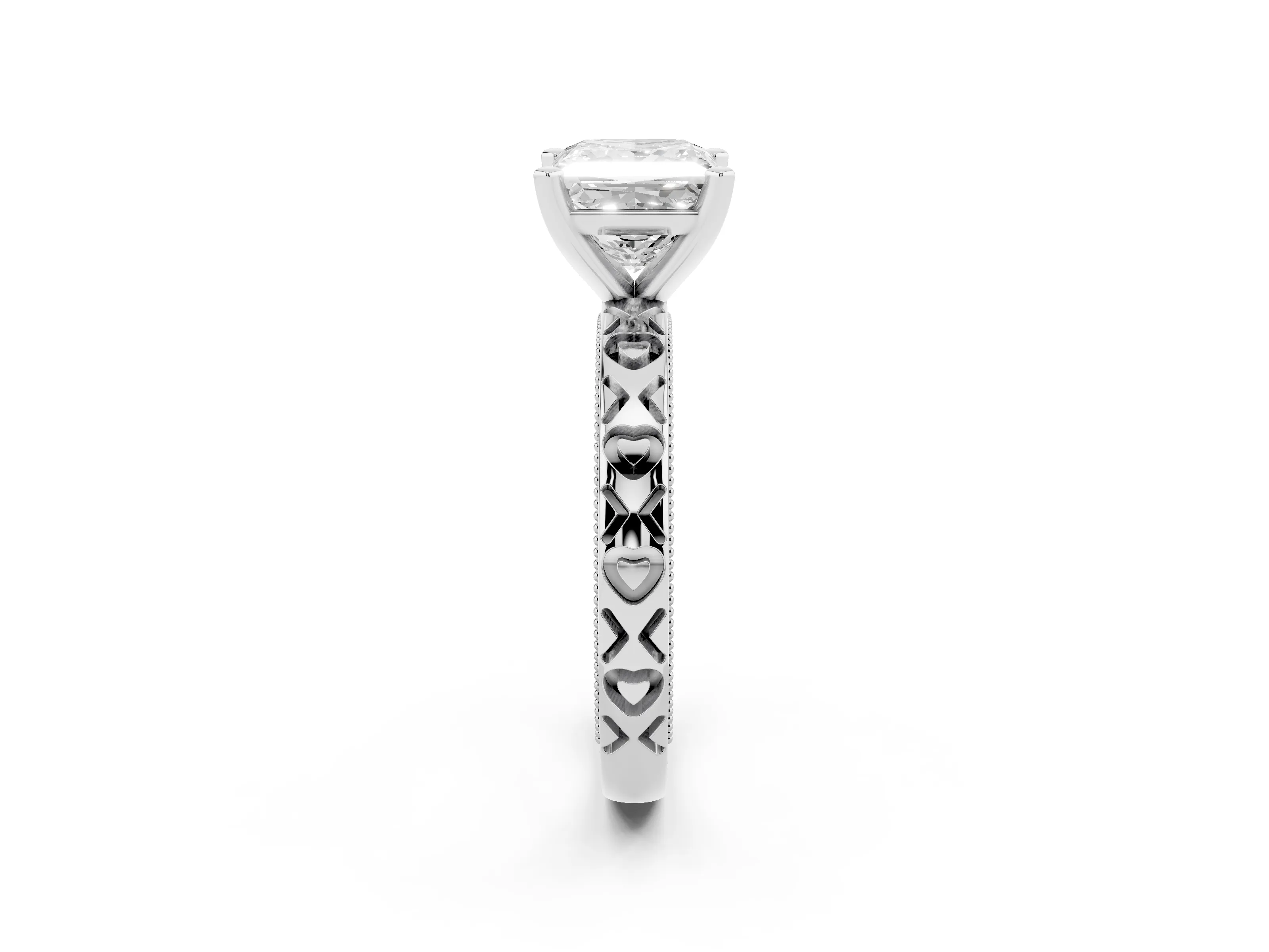 Princess Cut Diamond Solitaire Engagement Ring Set in White gold with XO Engraved Band and Prong Setting