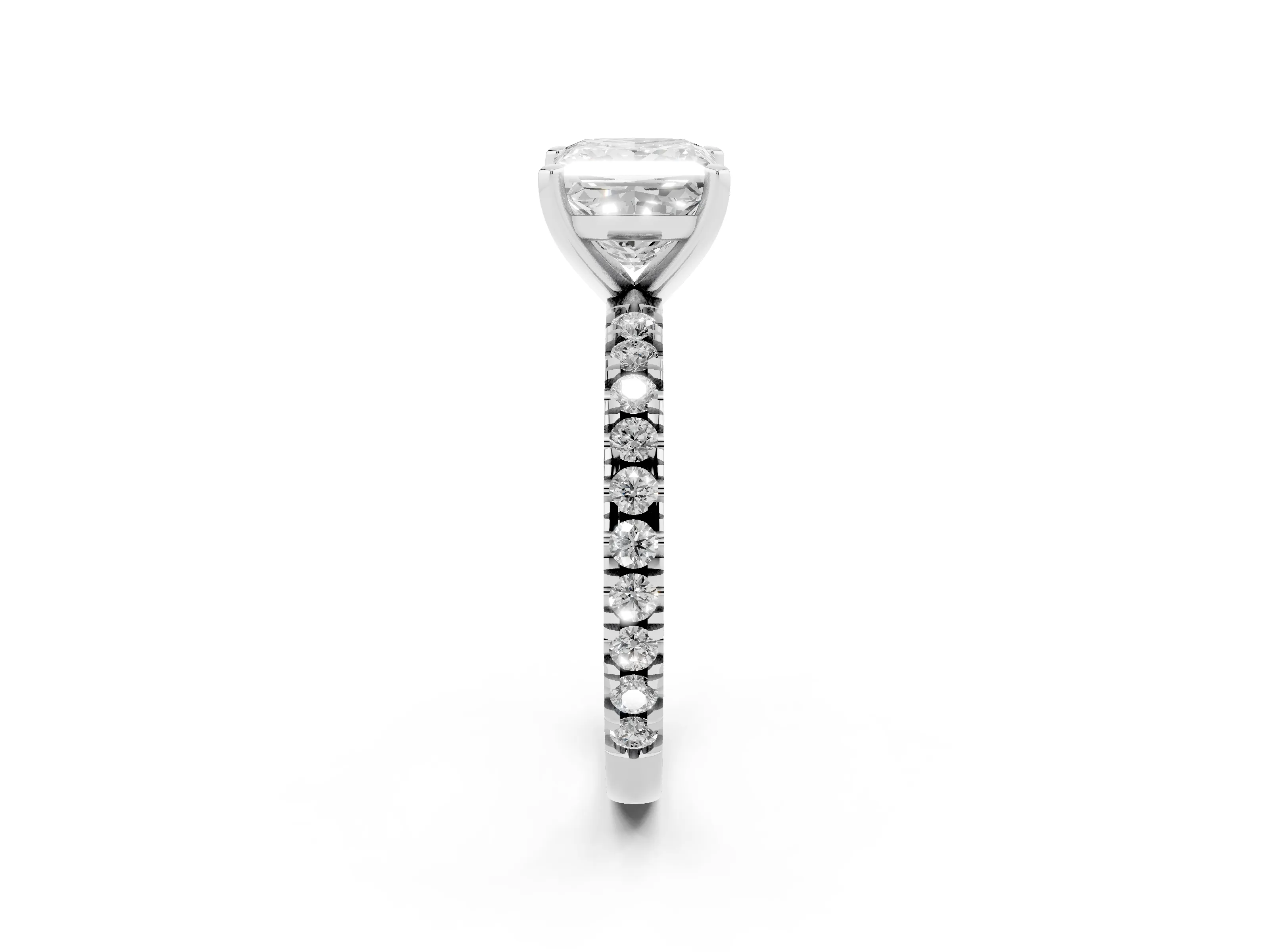 Princess Cut Diamond Pavé Band Solitaire Set in Platinum with Prong Setting
