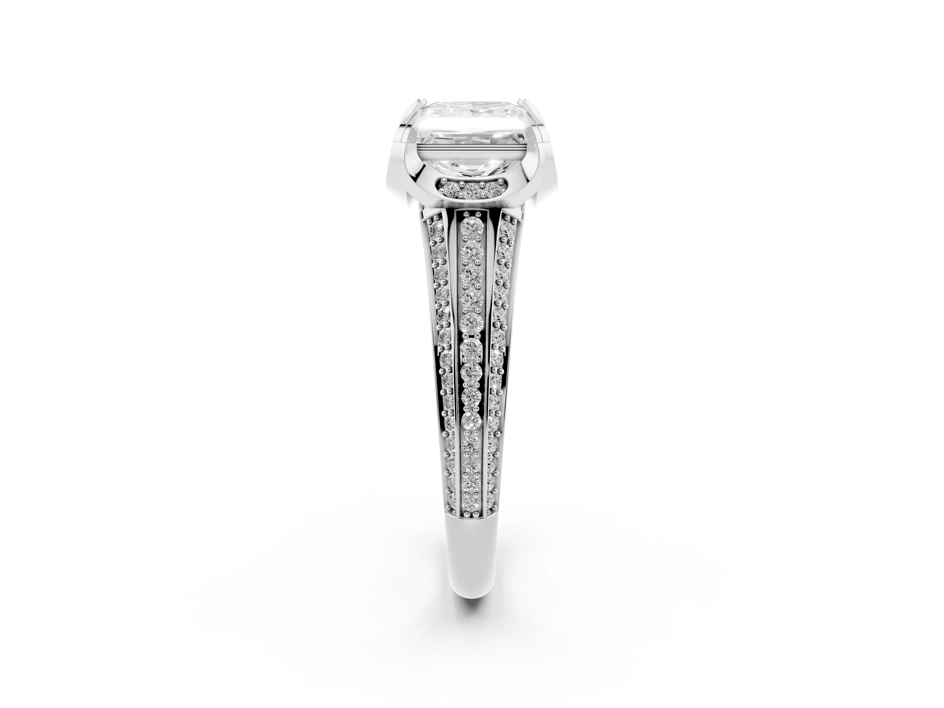 Princess Cut Diamond Pavé Split Shank Solitaire Ring Set in Platinum with Prong Setting