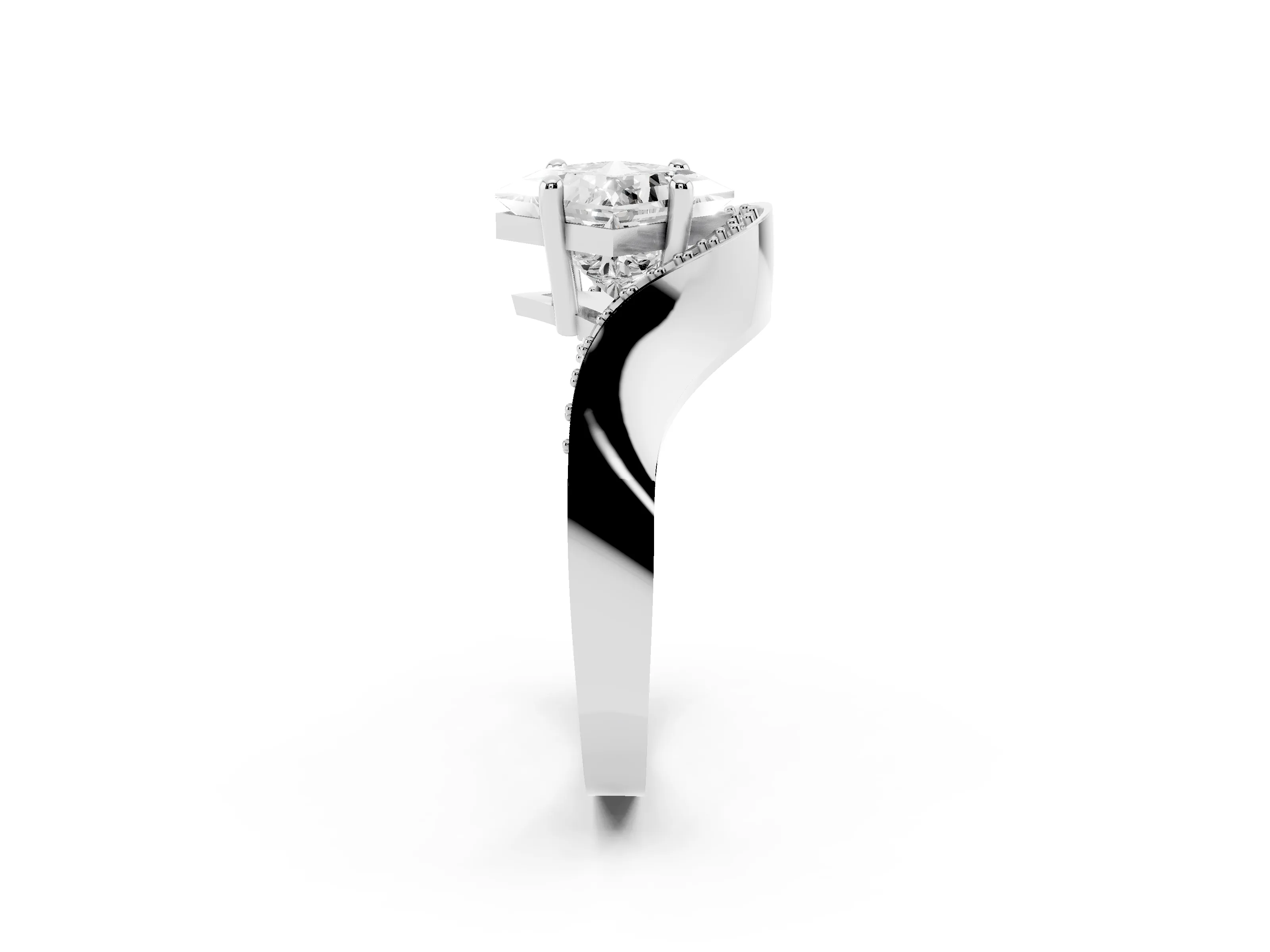 Princess Cut Diamond Solitaire Engagement Ring Set in Silver with Pavé Shoulders