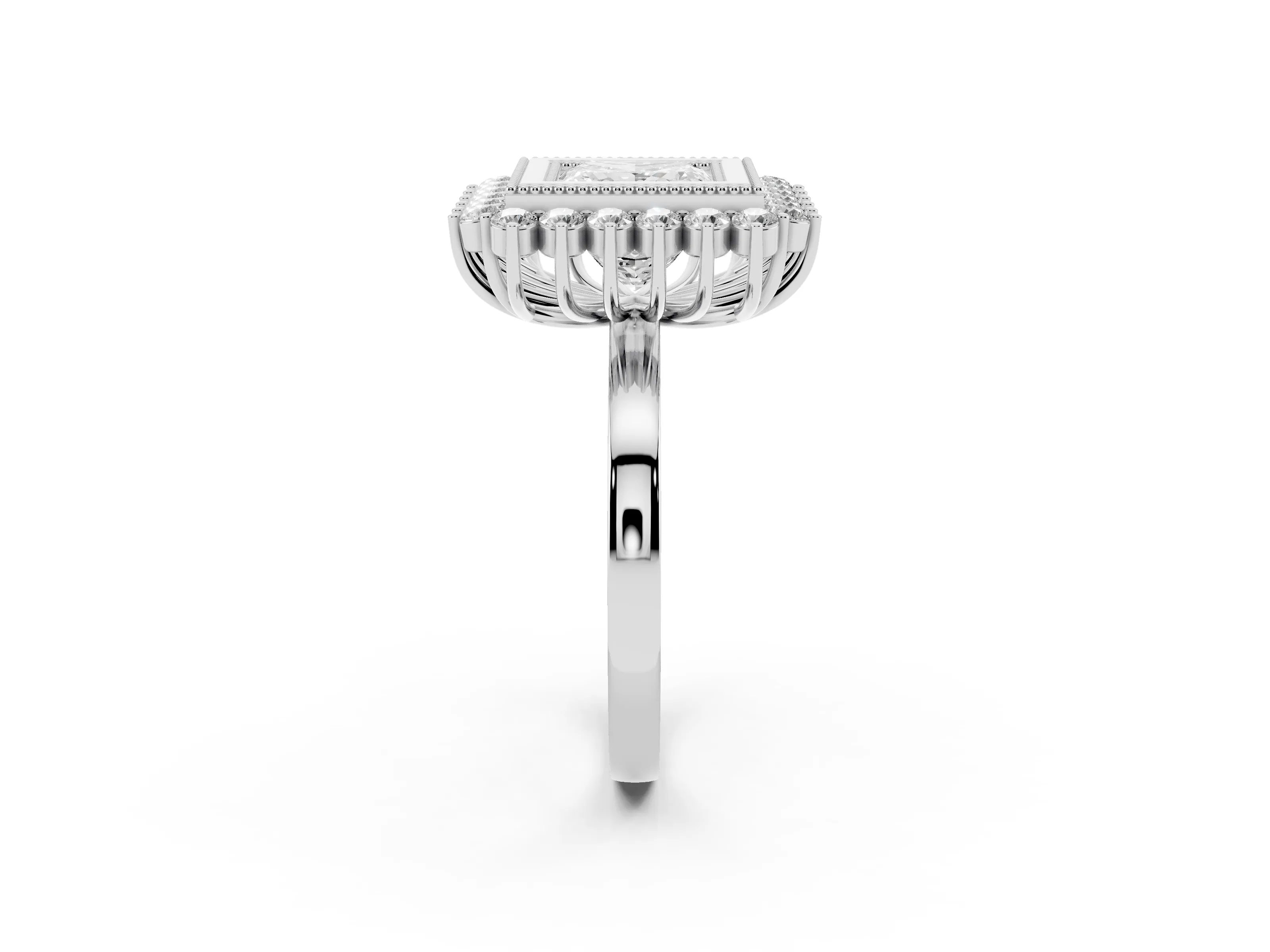 Princess Cut Diamond Halo Ring Set in Silver with Milgrain Edge and Round Prong Setting