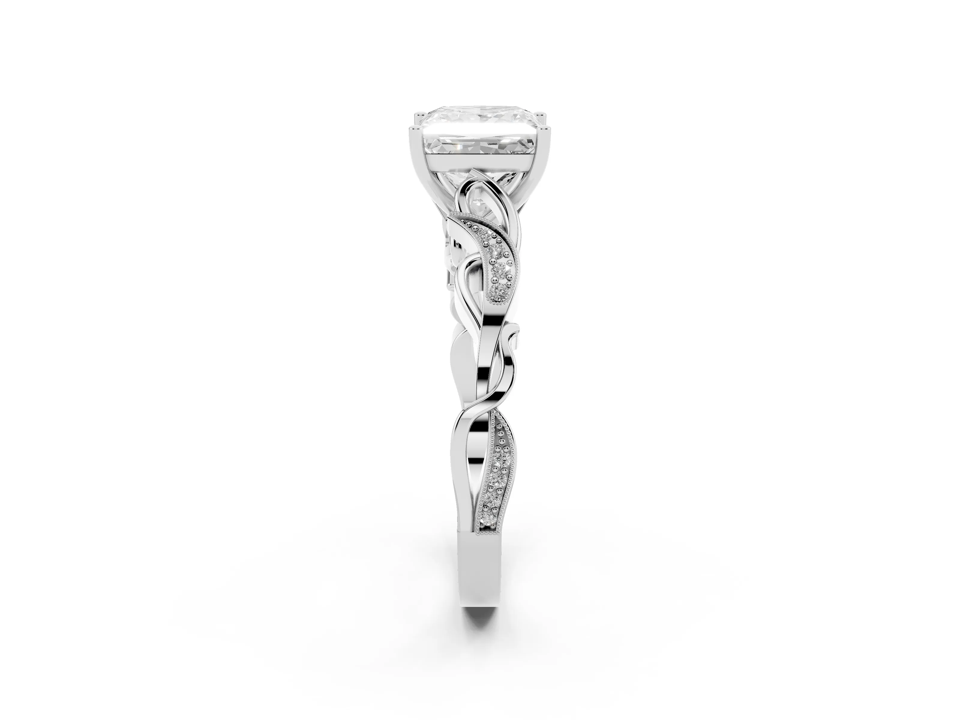 Princess Cut Diamond Vine Band Solitaire Ring Set in Silver with Milgrain Prong Setting