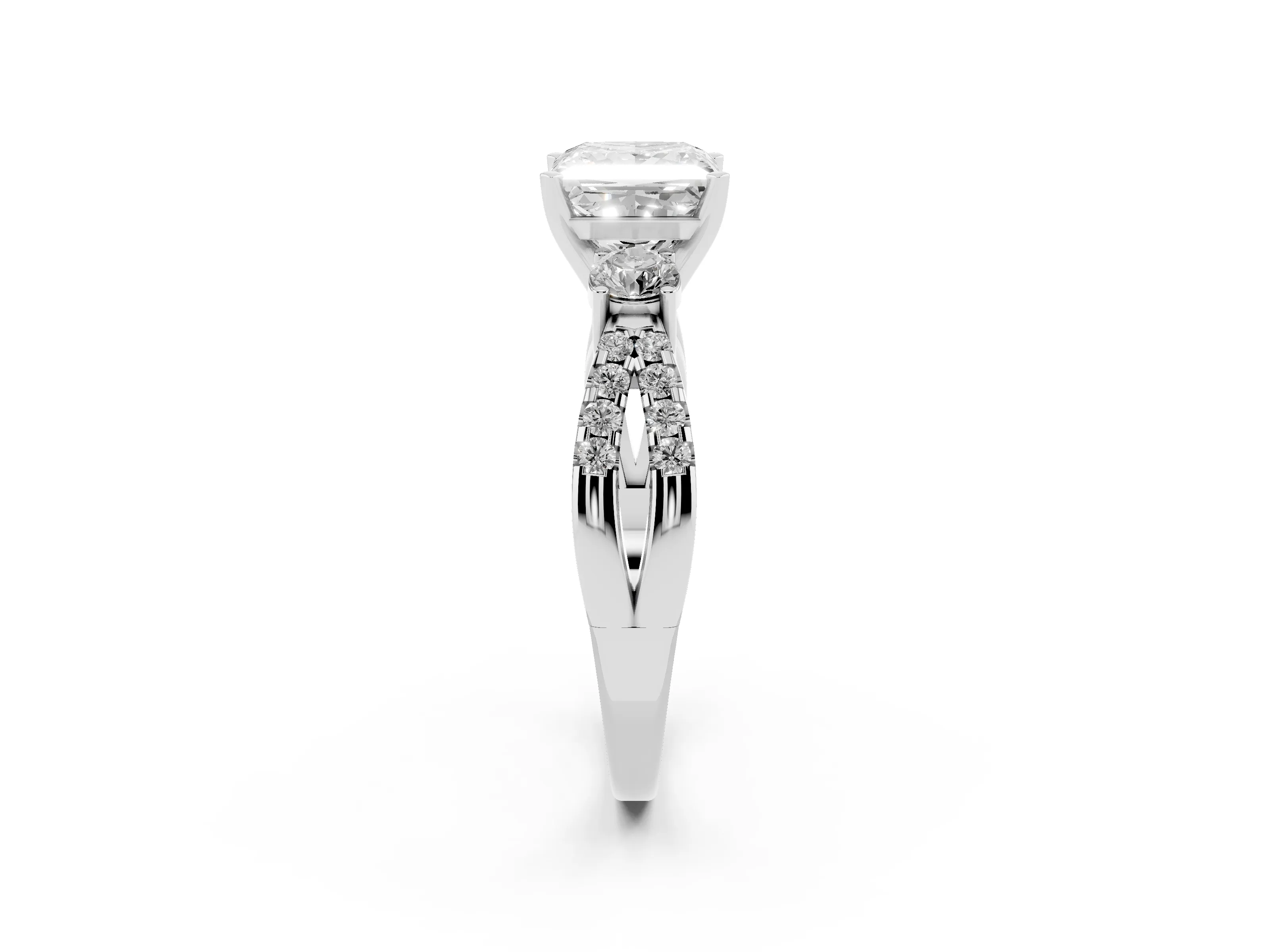 Princess Cut Diamond Three-Stone Ring Set in Silver with Pavé Split Shank and Prong Setting