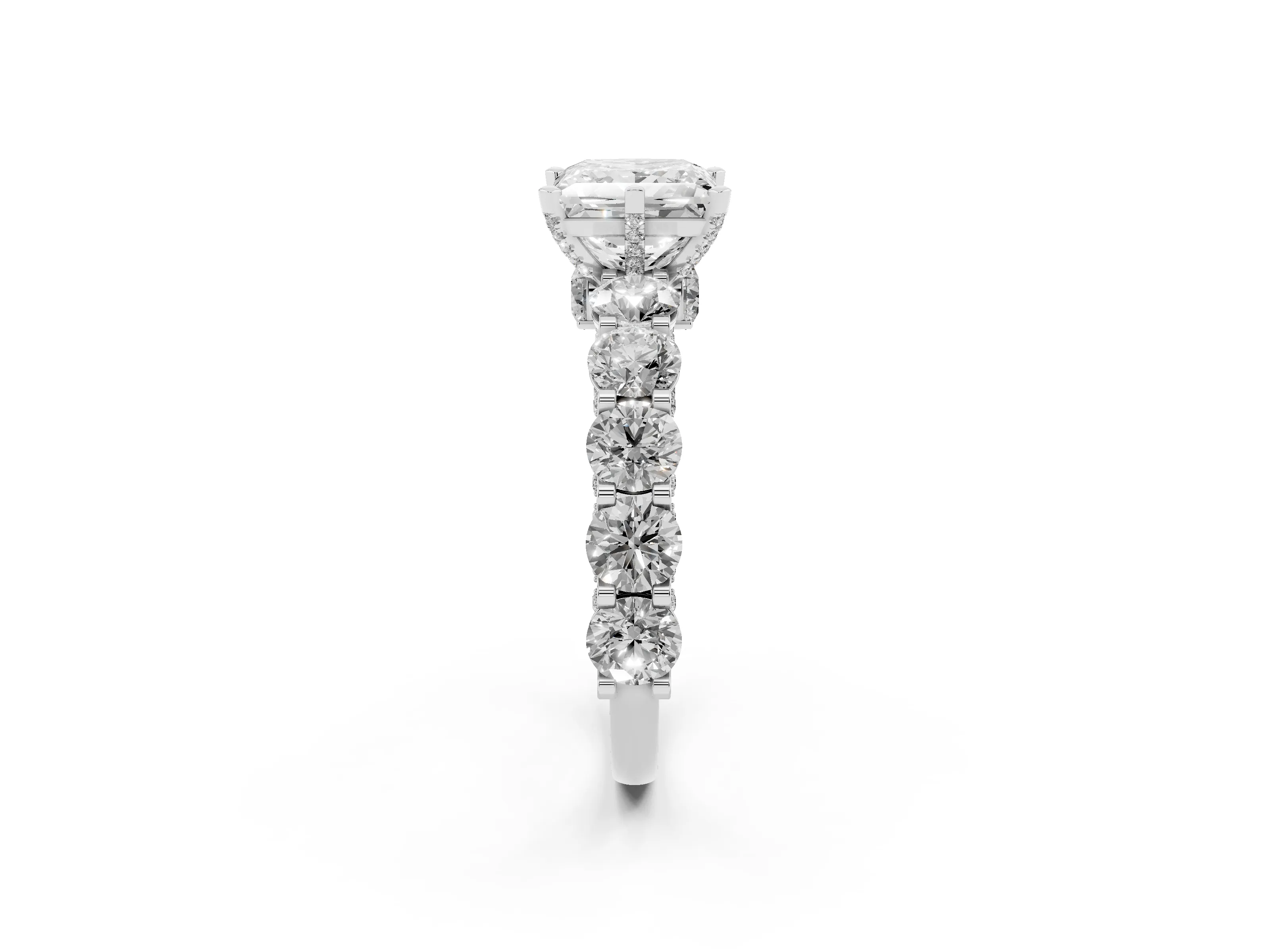 Princess Cut Diamond Side Stone Ring Set in Silver with Alternating Round and Oval Side Stones