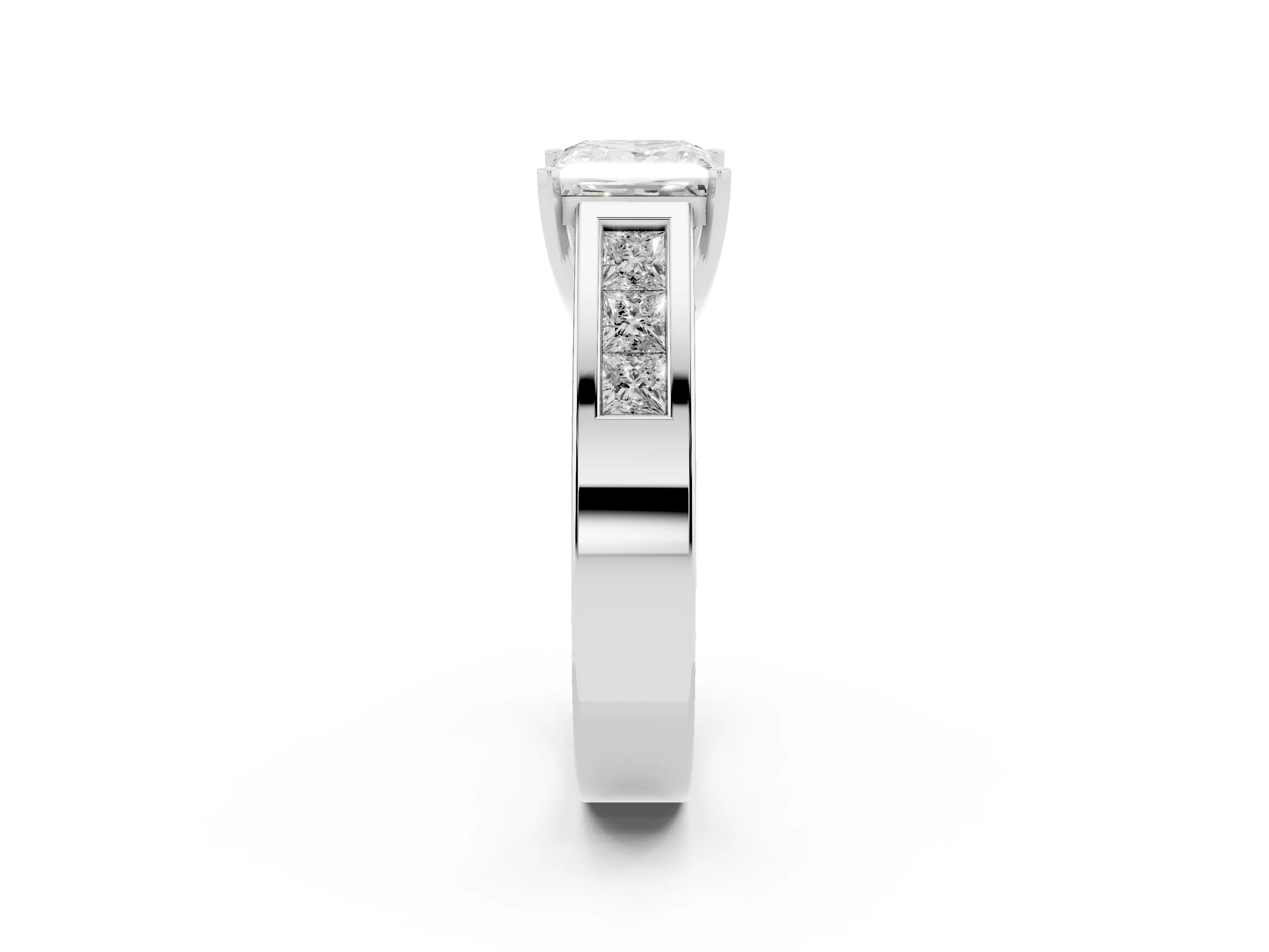 Princess Cut Diamond Solitaire Ring Set in Silver with Channel-Set Accent Stones and Prong Setting