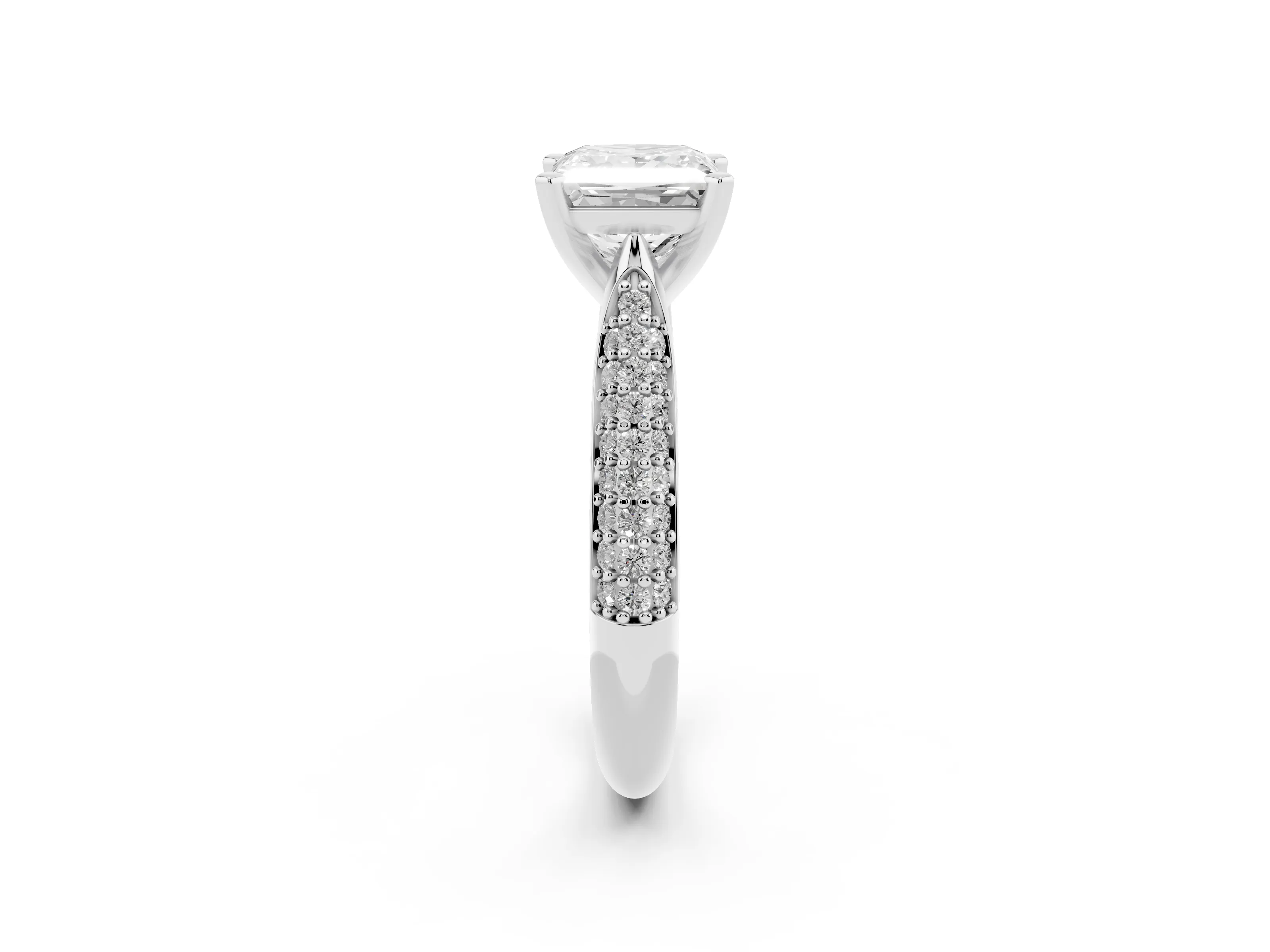 Princess Cut Diamond Solitaire Engagement Ring Set in White gold with Multi-Row Round Pavé Band and Prong Setting