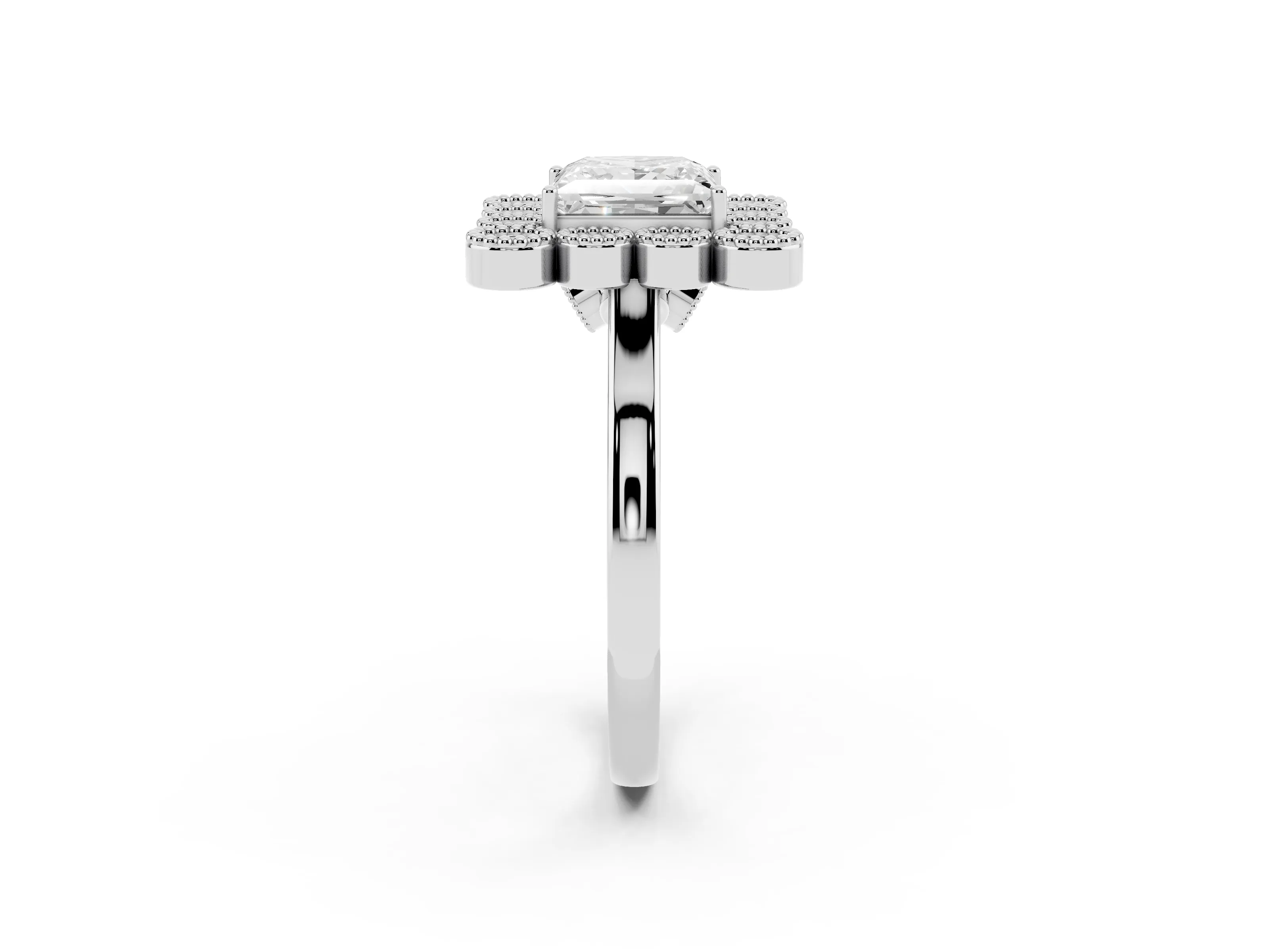Princess Cut Diamond Cluster Halo Ring Set in White gold with Milgrain Bezel Accents and Plain Band