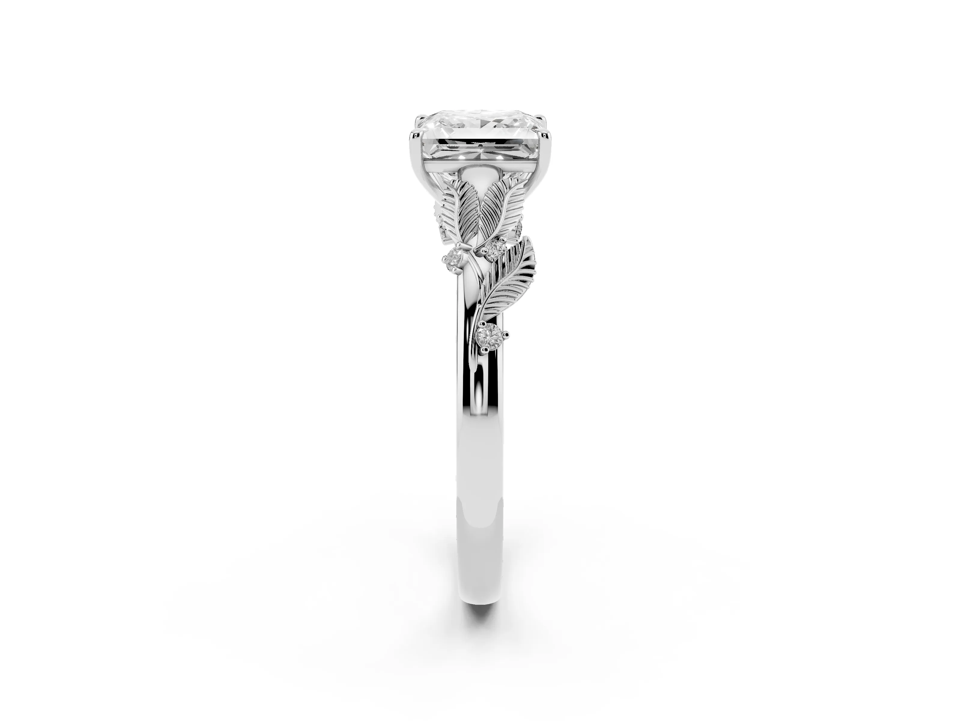 Princess Cut Diamond Solitaire Ring Set in White gold with Leaf Motif Band