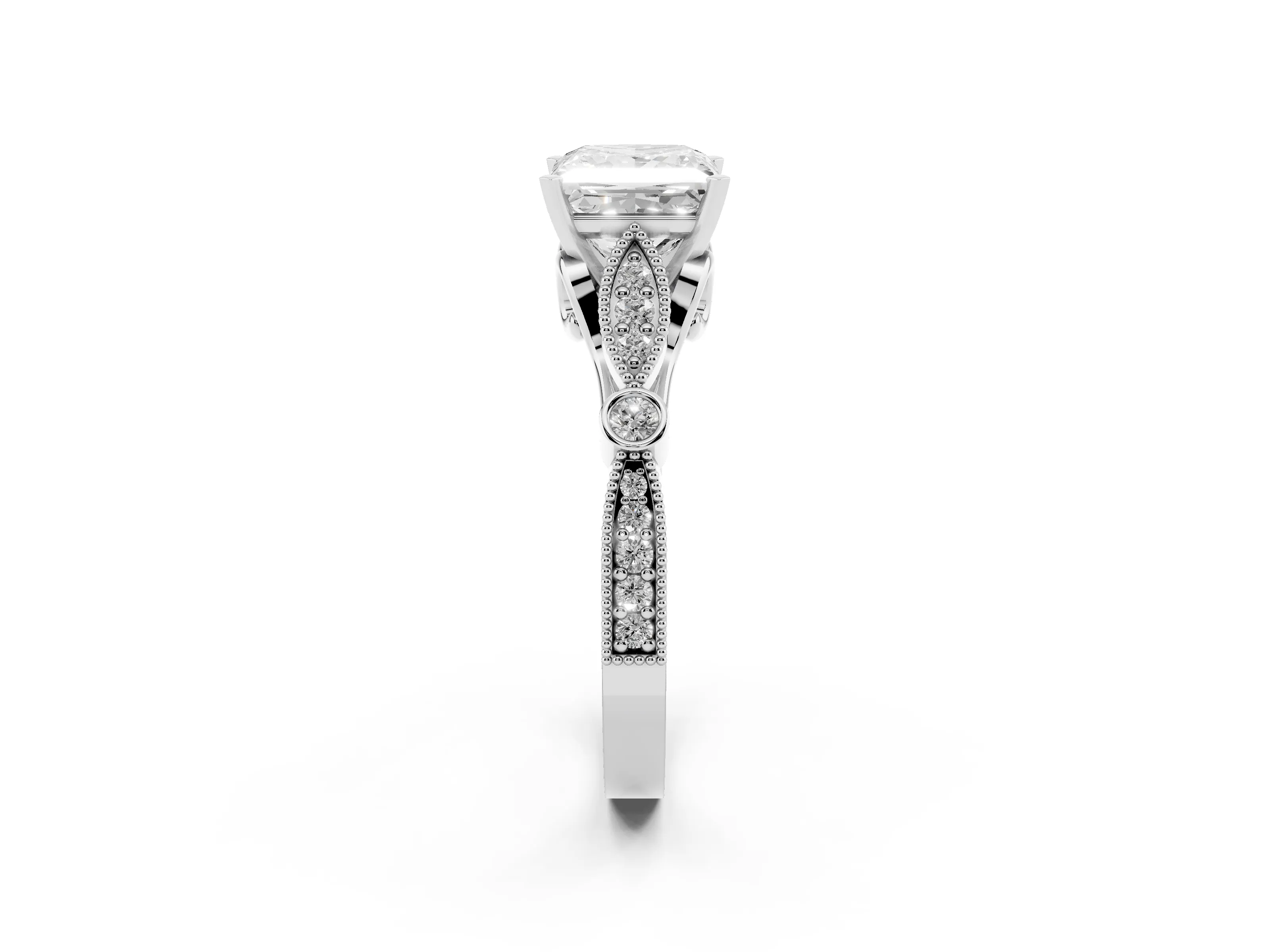 Princess Cut Diamond Solitaire Ring Set in Platinum with Milgrain Marquise and Bezel Accents