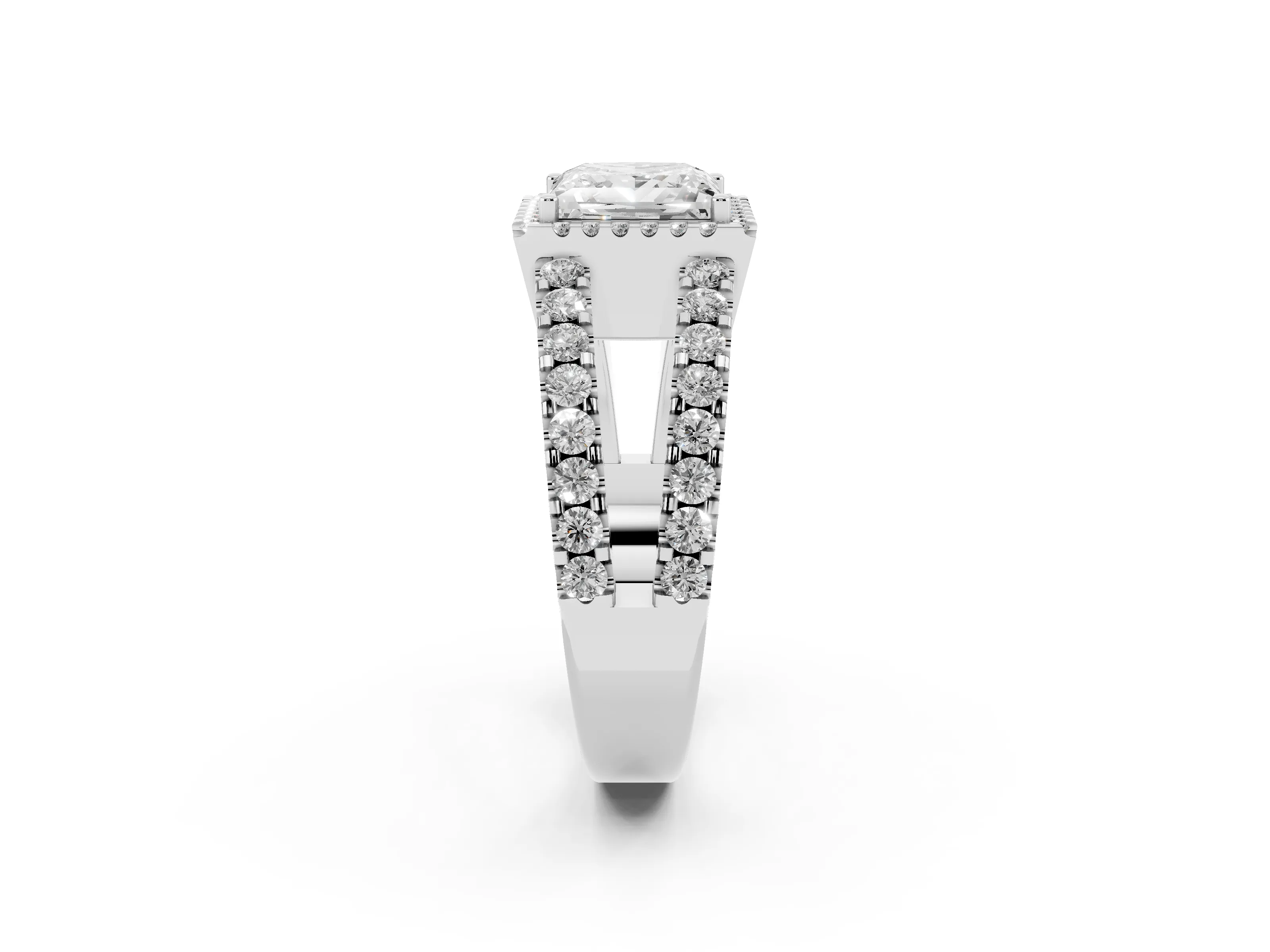 Princess Cut Diamond Halo Ring Set in Platinum with Pavé Split Shank and Prong Setting