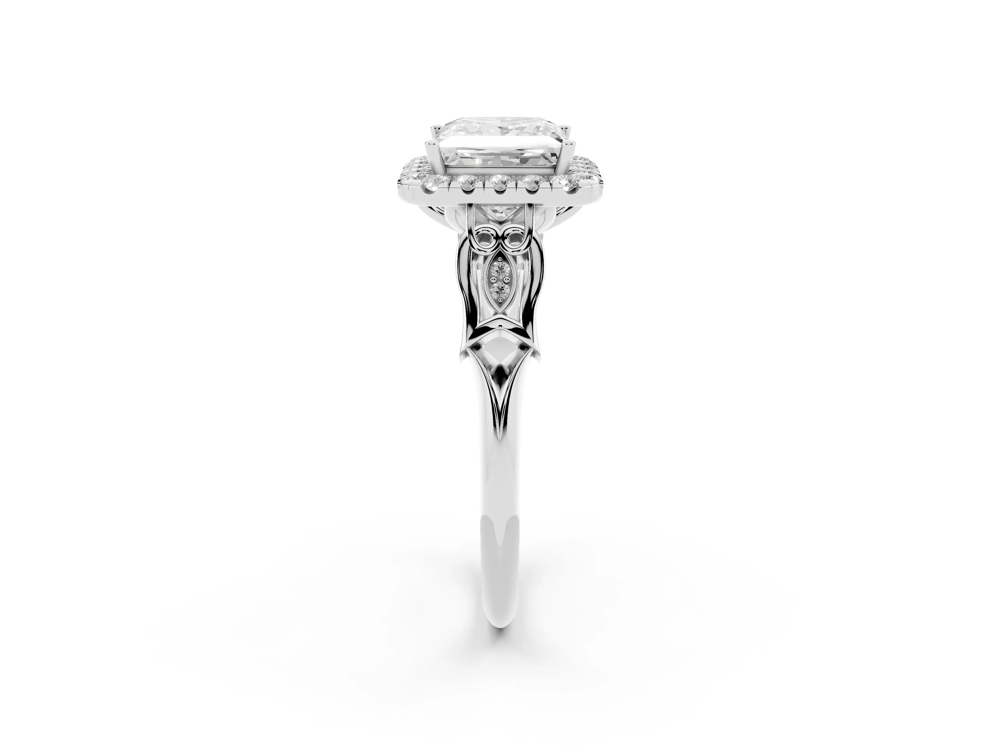 Princess Cut Diamond Halo Engagement Ring Set in White gold with Filigree Band and Prong-Set Center