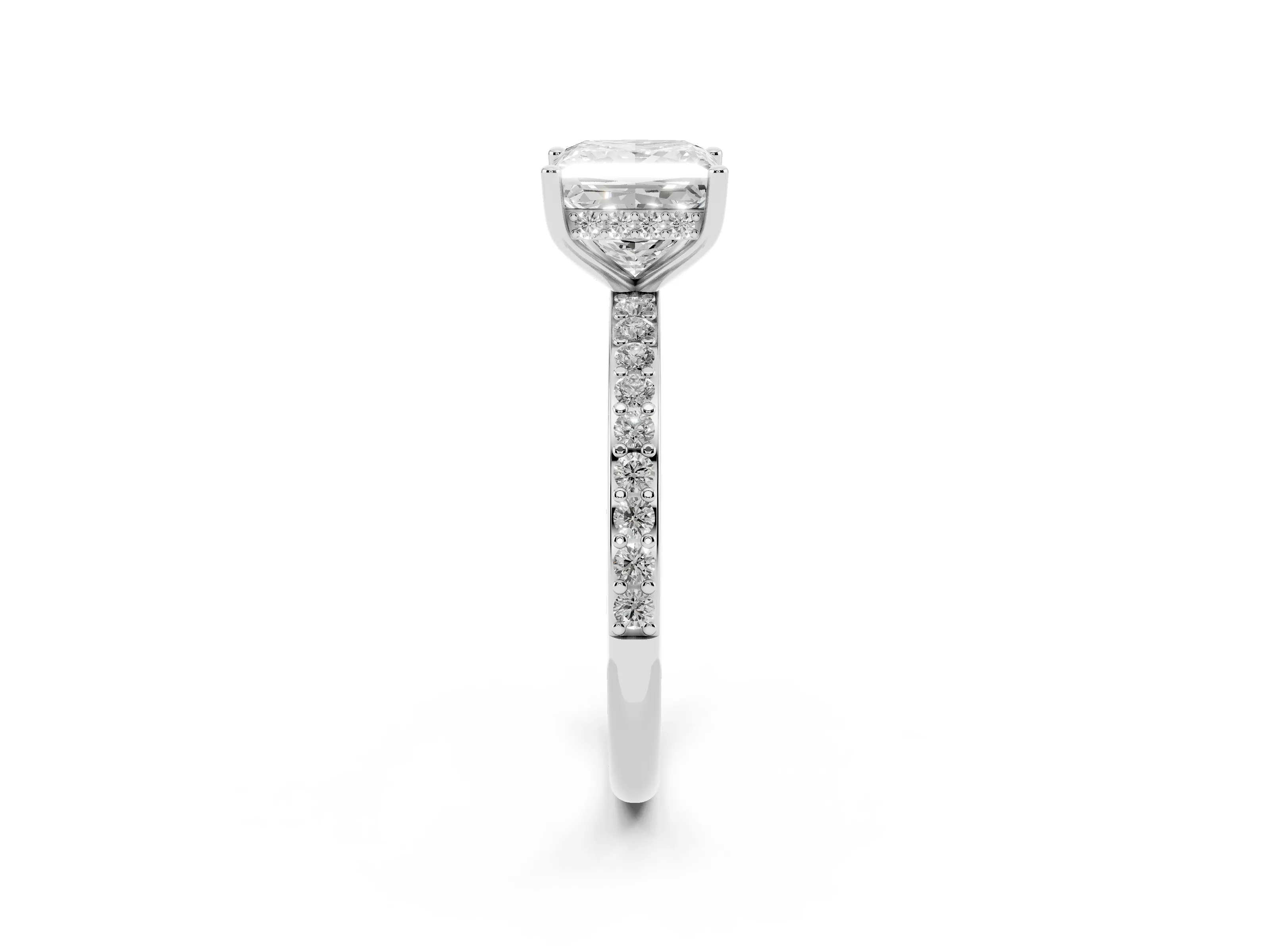 Princess Cut Diamond Pavé Band Ring Set in White gold with Prong-Set Center Stone