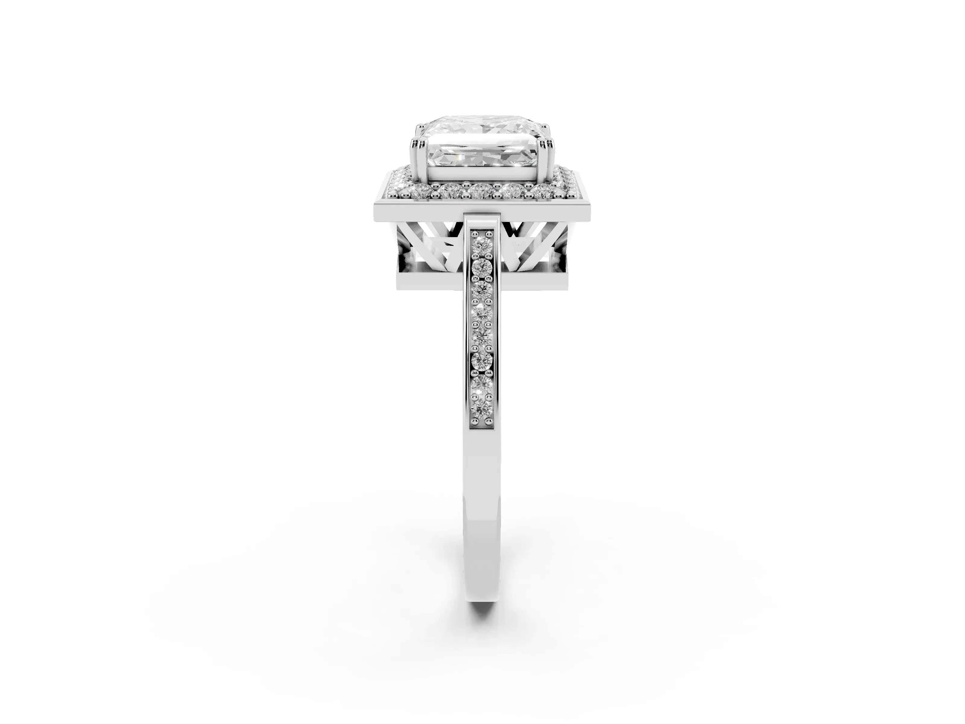 Princess Cut Diamond Halo Ring Set in White gold with Accent-Lined Split Shank and Prong Setting