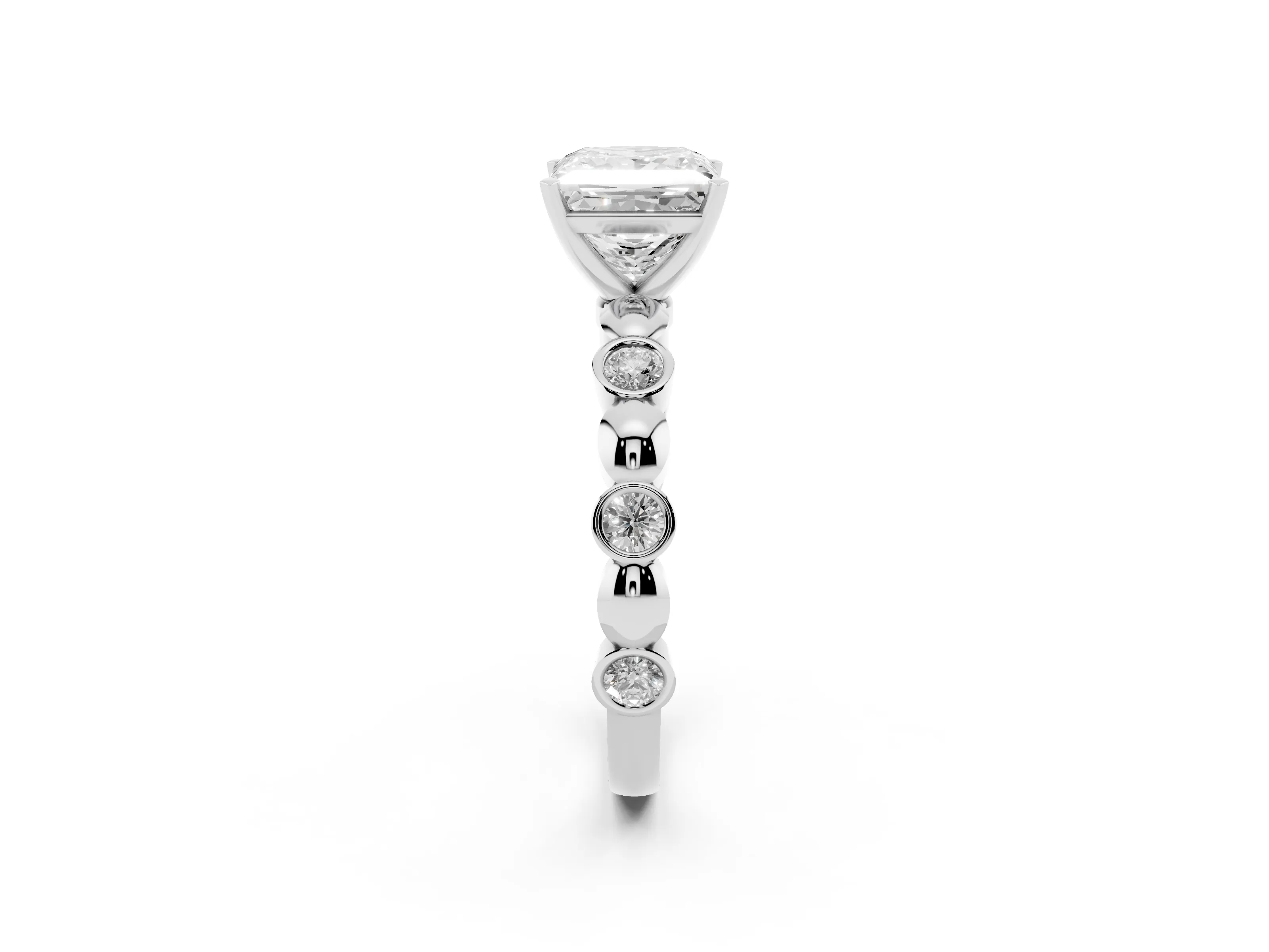 Princess Cut Diamond Solitaire Ring Set in White gold with Bezel-Set Accents on Beaded Band and Prong Setting