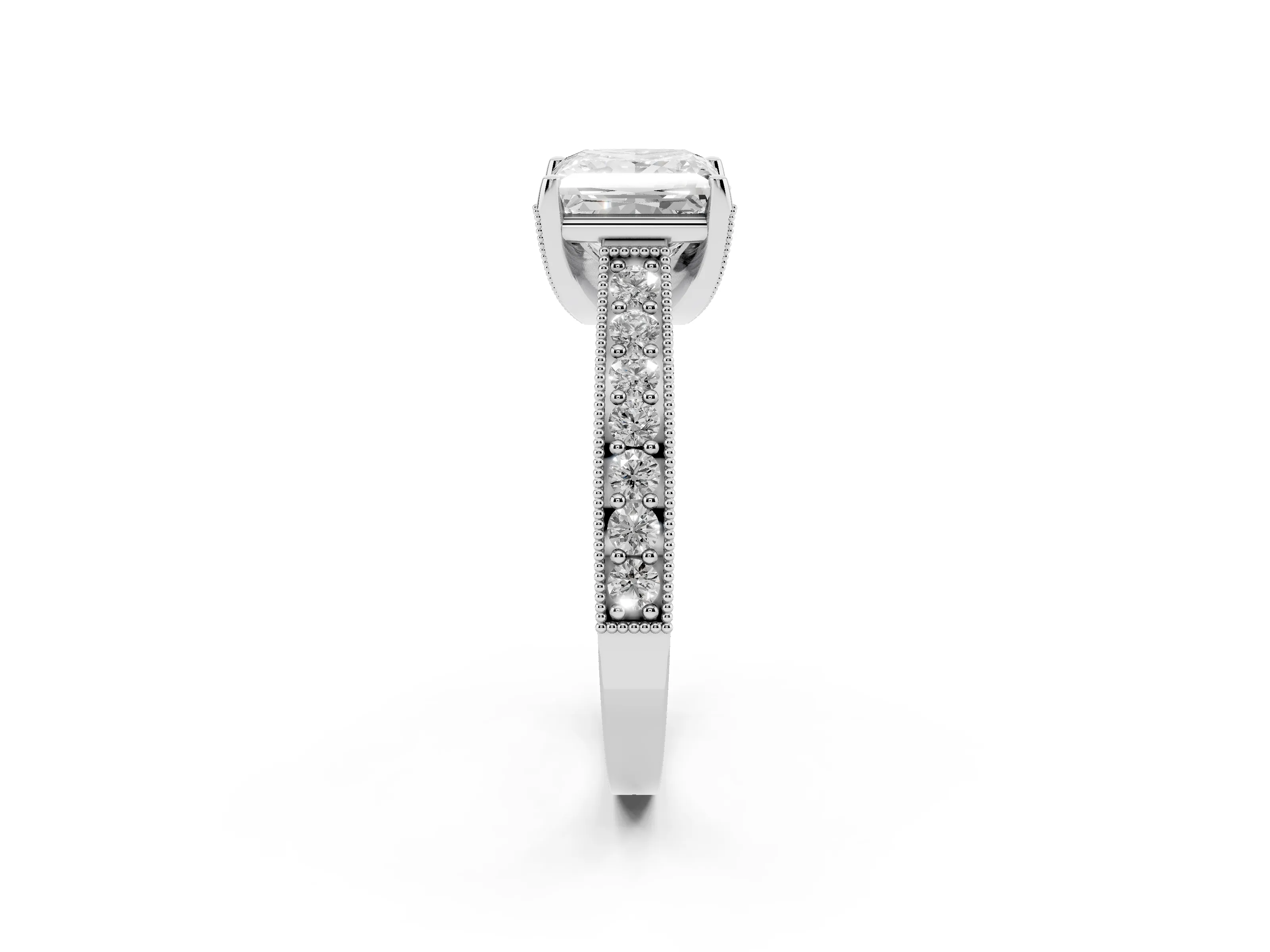 Princess Cut Diamond Solitaire Ring Set in Silver with Milgrain-Edged Pavé Band and Prong Setting