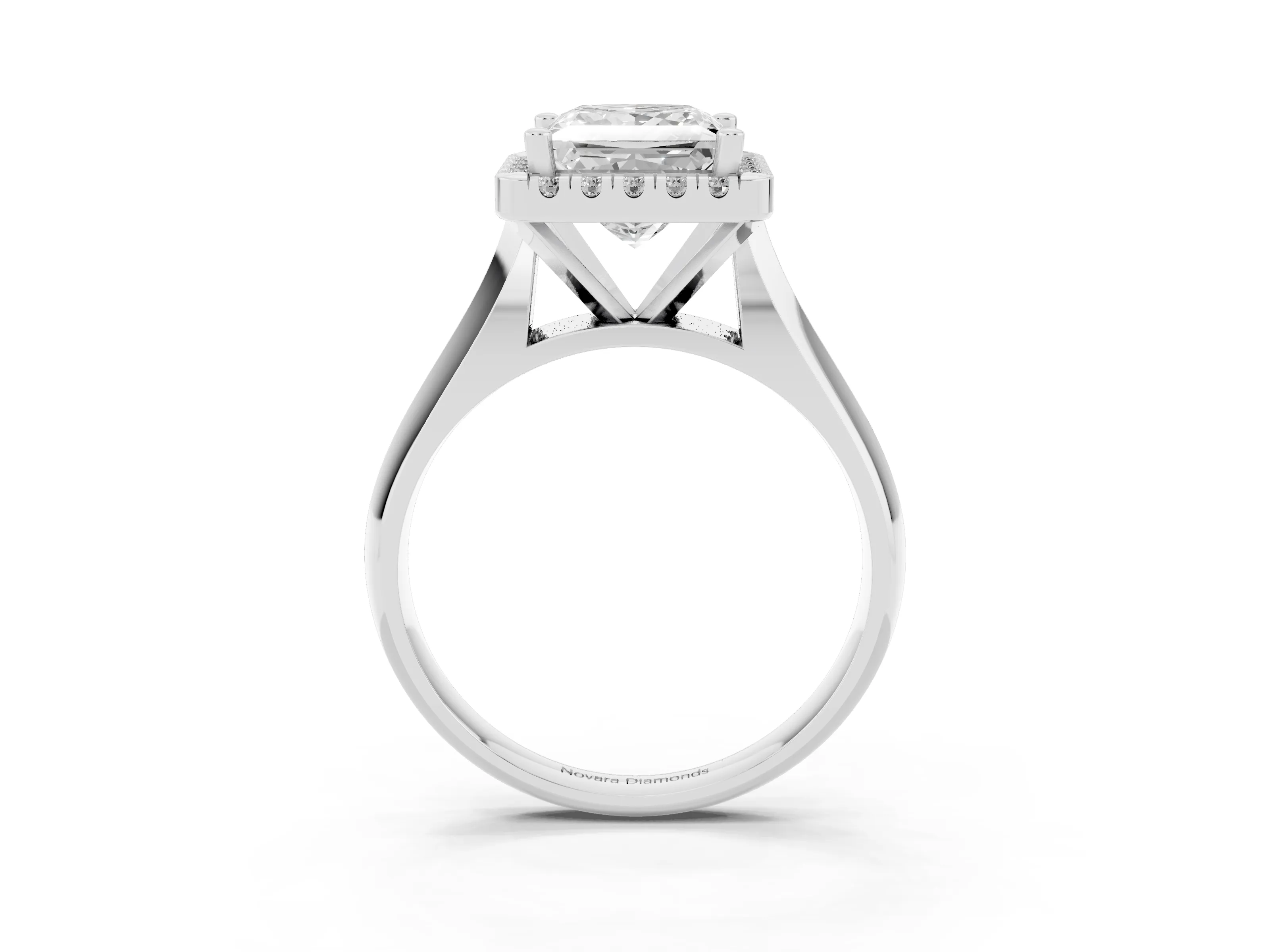 Princess Cut Diamond Halo Solitaire Engagement Ring Set in White gold with Square Band and Prong Setting