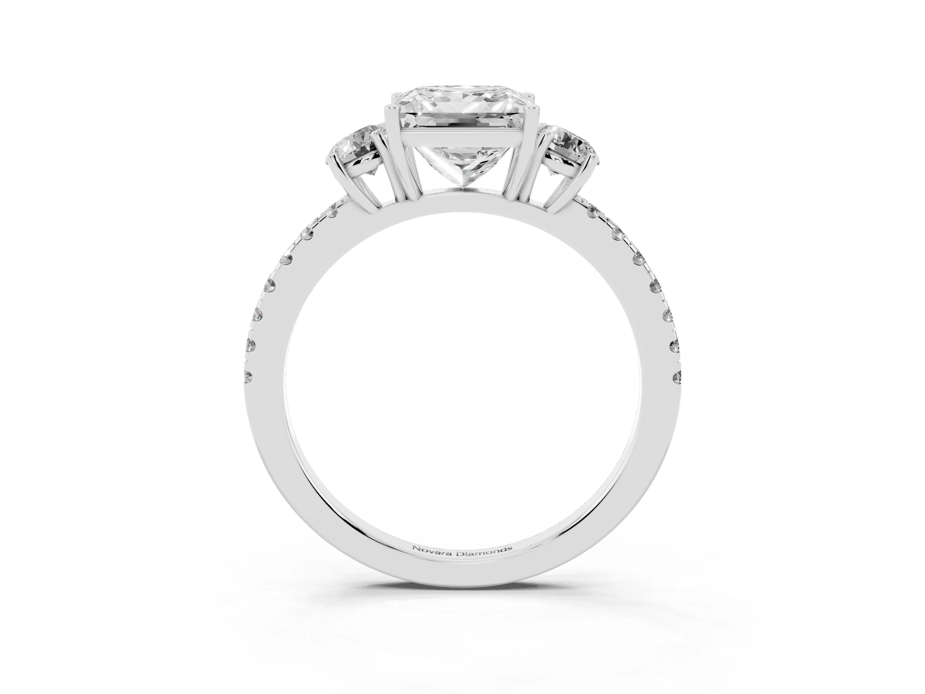 Princess Cut Diamond Three-Stone Ring Set in Silver with Pavé Band and Graduated Sides