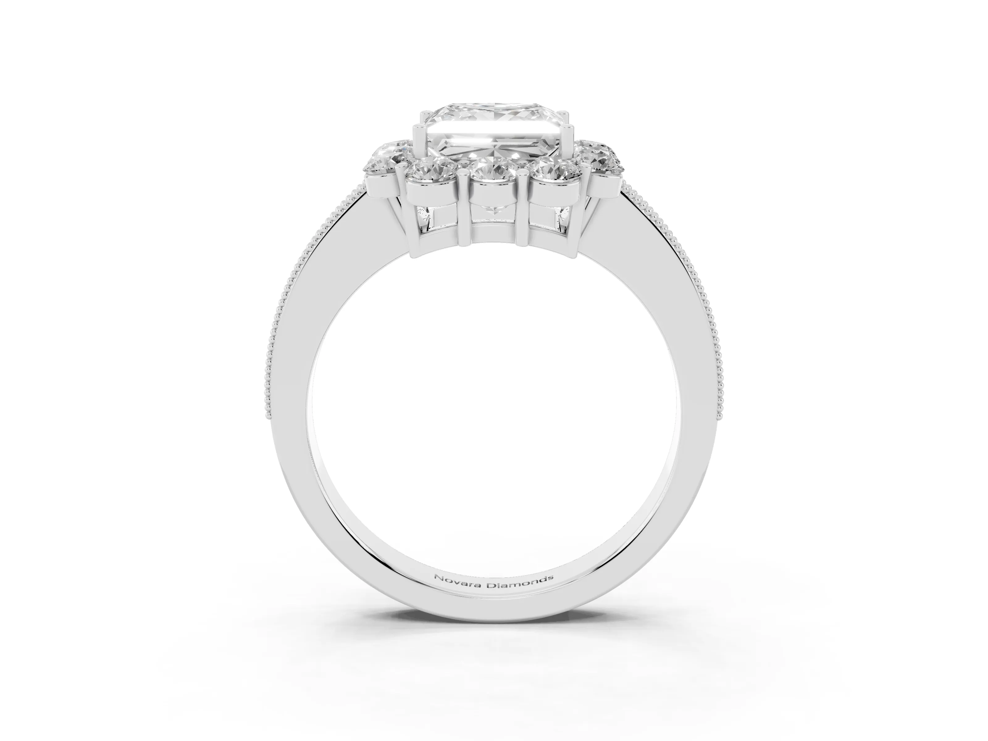Princess Cut Diamond Halo Pavé Engagement Ring Set in White gold with Milgrain Detailing
