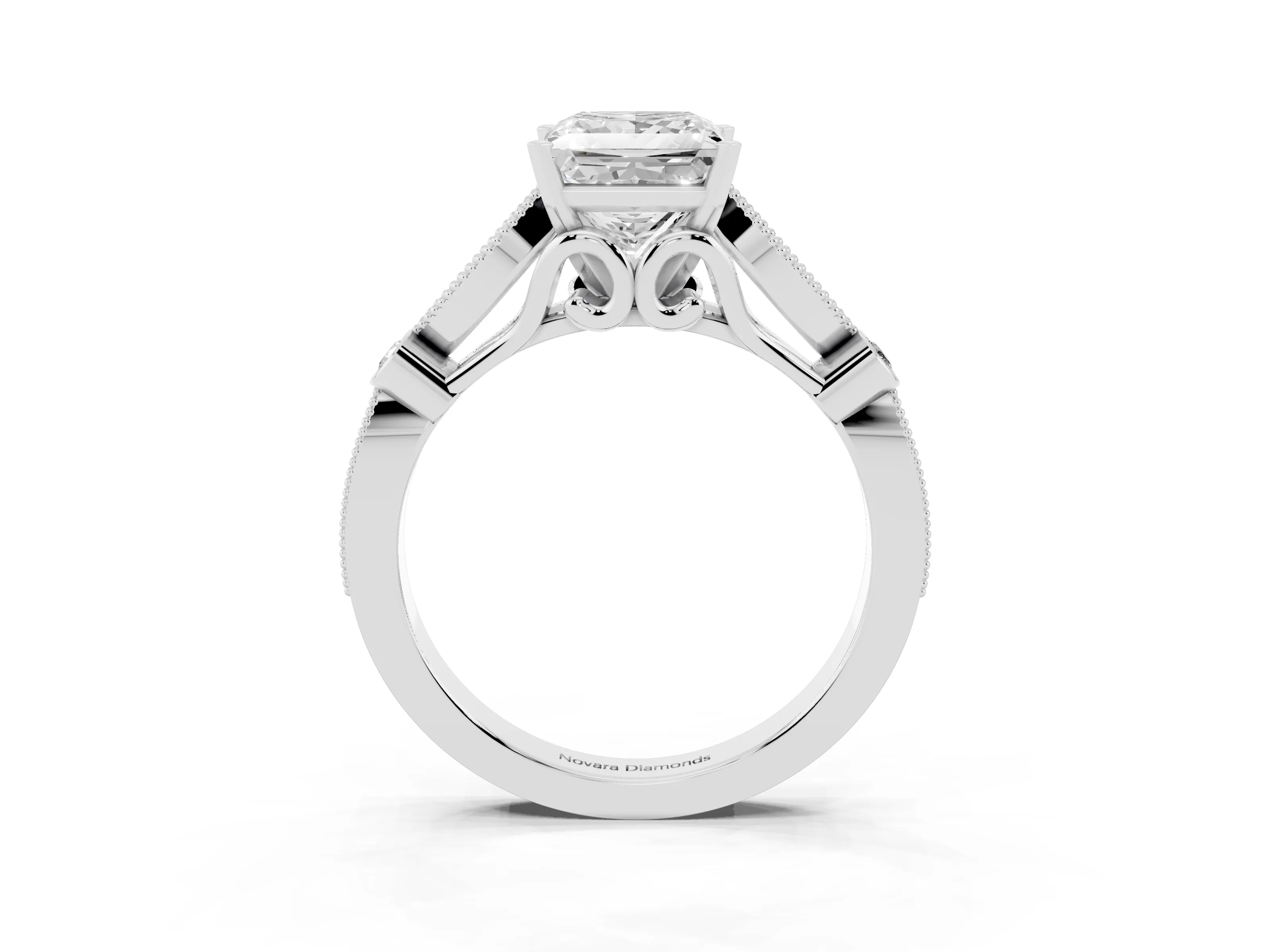 Princess Cut Diamond Solitaire Ring Set in Platinum with Milgrain Marquise and Bezel Accents