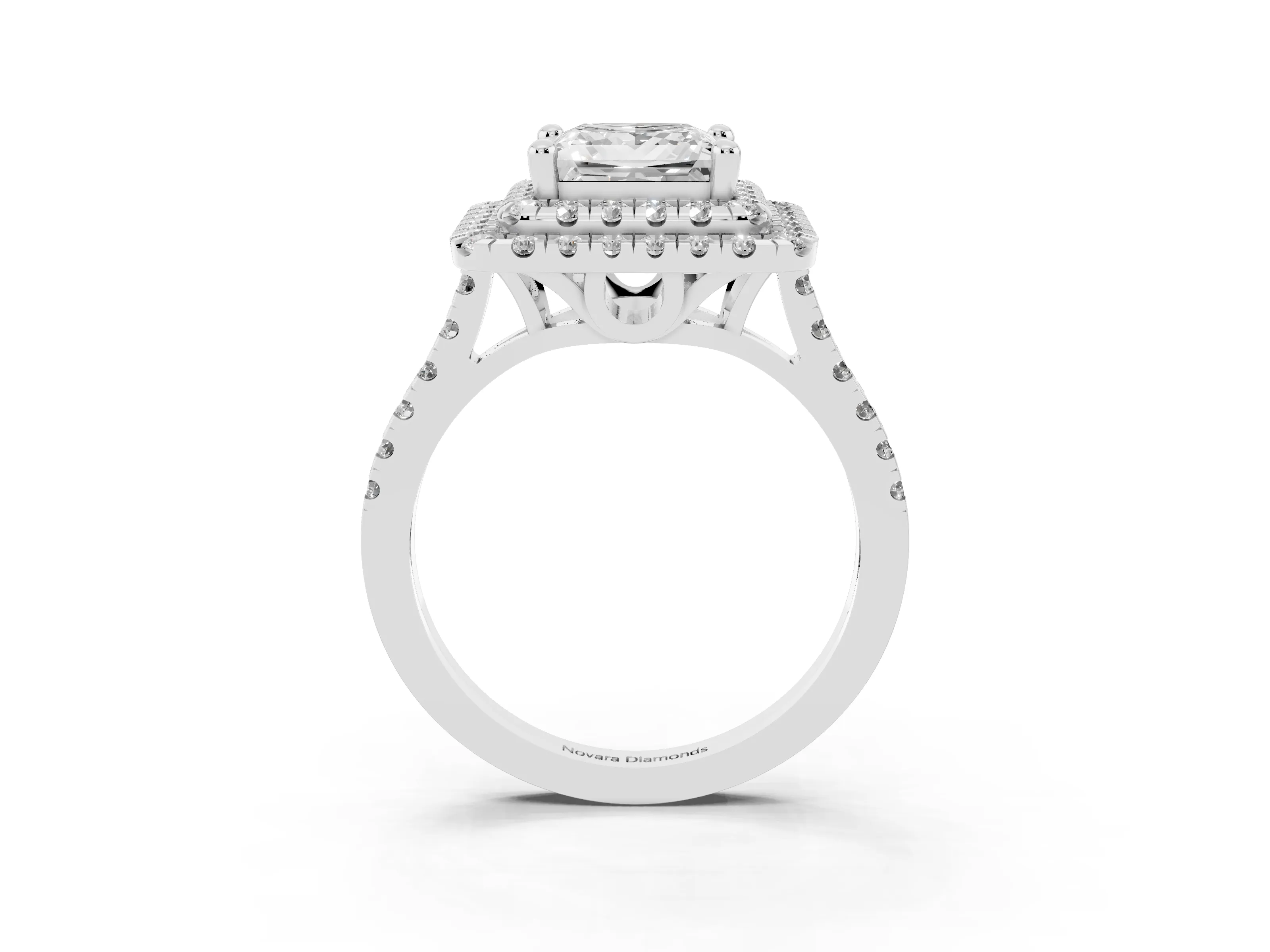 Princess Cut Diamond Double Halo Statement Ring Set in White gold with Pavé Band