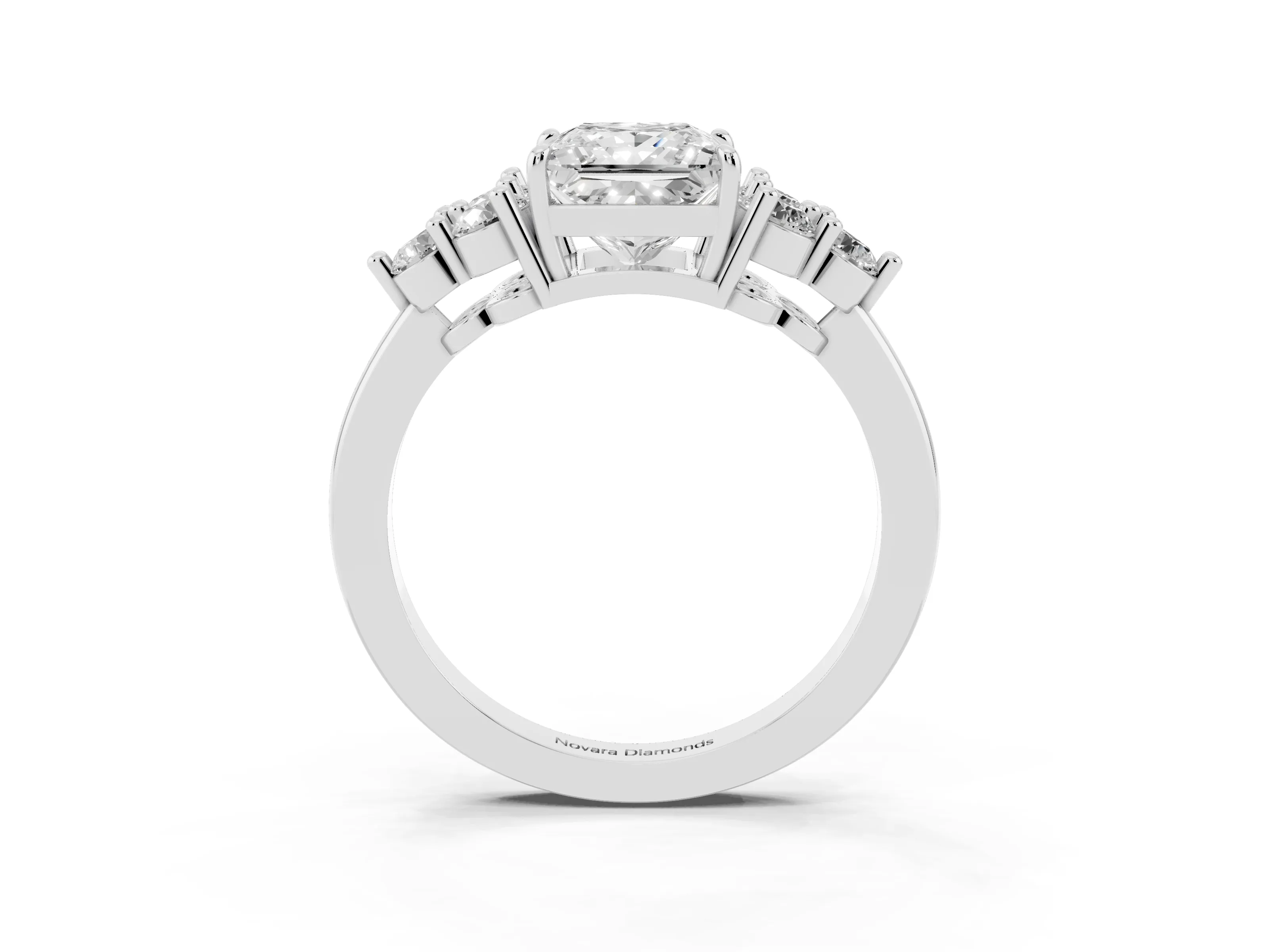 Princess Cut Diamond Solitaire Ring Set in White gold with Cluster Accents on Each Side